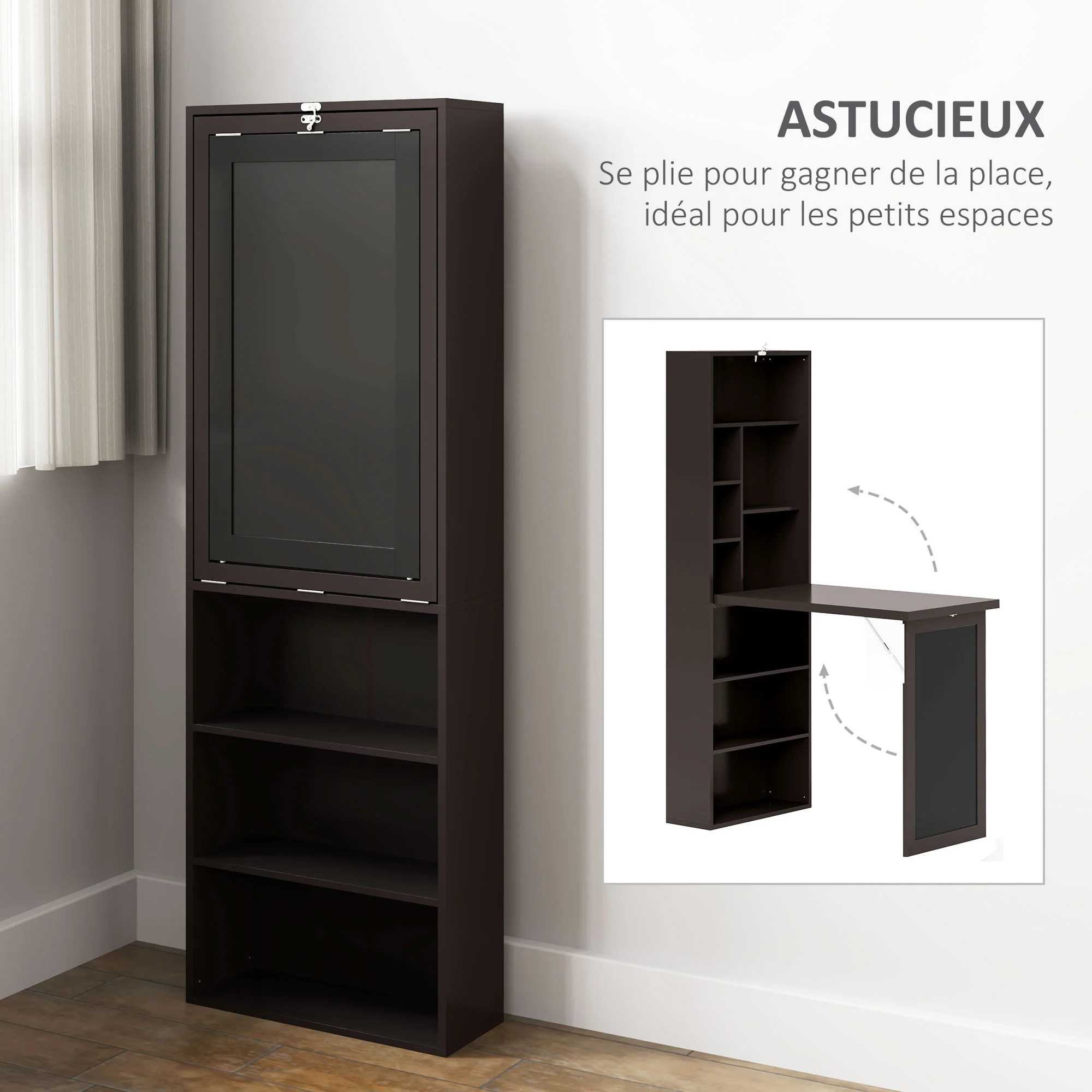 Bureau informatique pliable, bureau avec bibliothèque, poste de travail, tableau noir, 9 compartiments ouverts et étagère réglable, table d'ordinateur pour chambre, 98x51x153cm, marron - Image 7