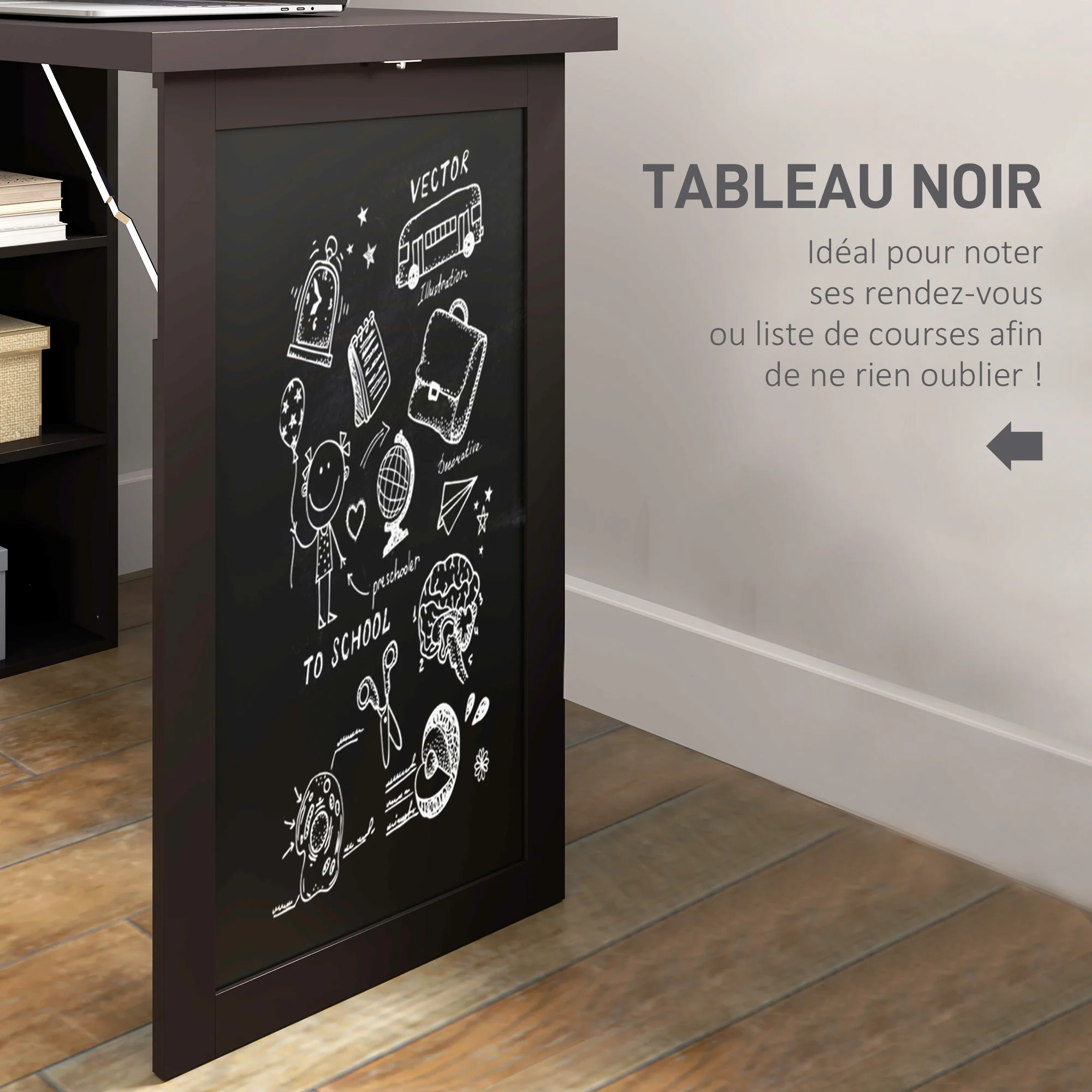 Bureau informatique pliable, bureau avec bibliothèque, poste de travail, tableau noir, 9 compartiments ouverts et étagère réglable, table d'ordinateur pour chambre, 98x51x153cm, marron - Image 8