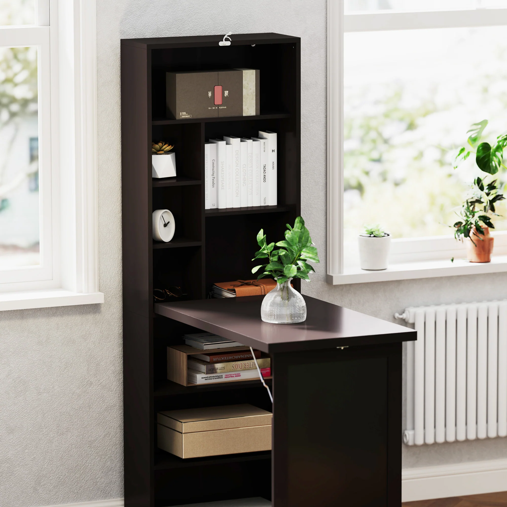 Bureau informatique pliable, bureau avec bibliothèque, poste de travail, tableau noir, 9 compartiments ouverts et étagère réglable, table d'ordinateur pour chambre, 98x51x153cm, marron - Image 9