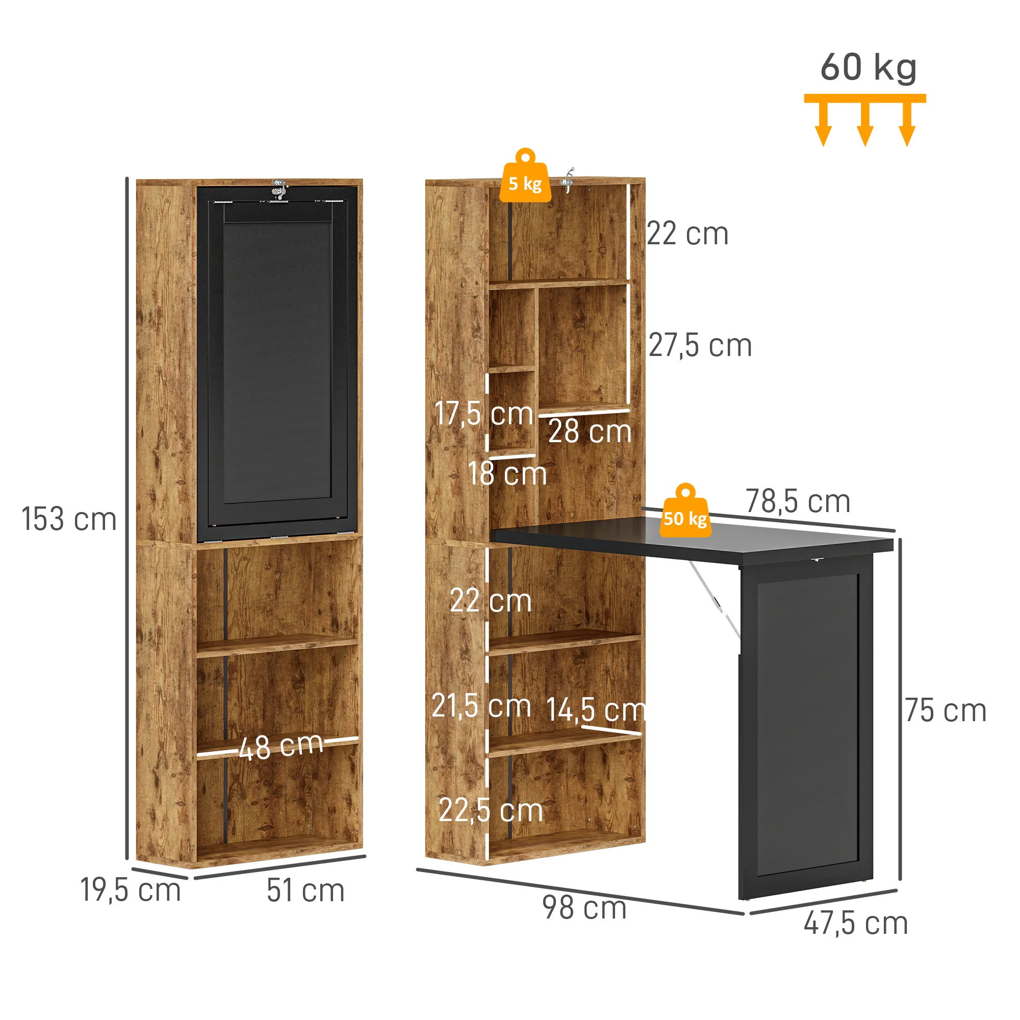 Bureau informatique pliable, bureau avec bibliothèque, poste de travail, tableau noir, 9 compartiments ouverts et étagère réglable, table d'ordinateur pour chambre, 98x51x153cm, brun rustique - Image 4