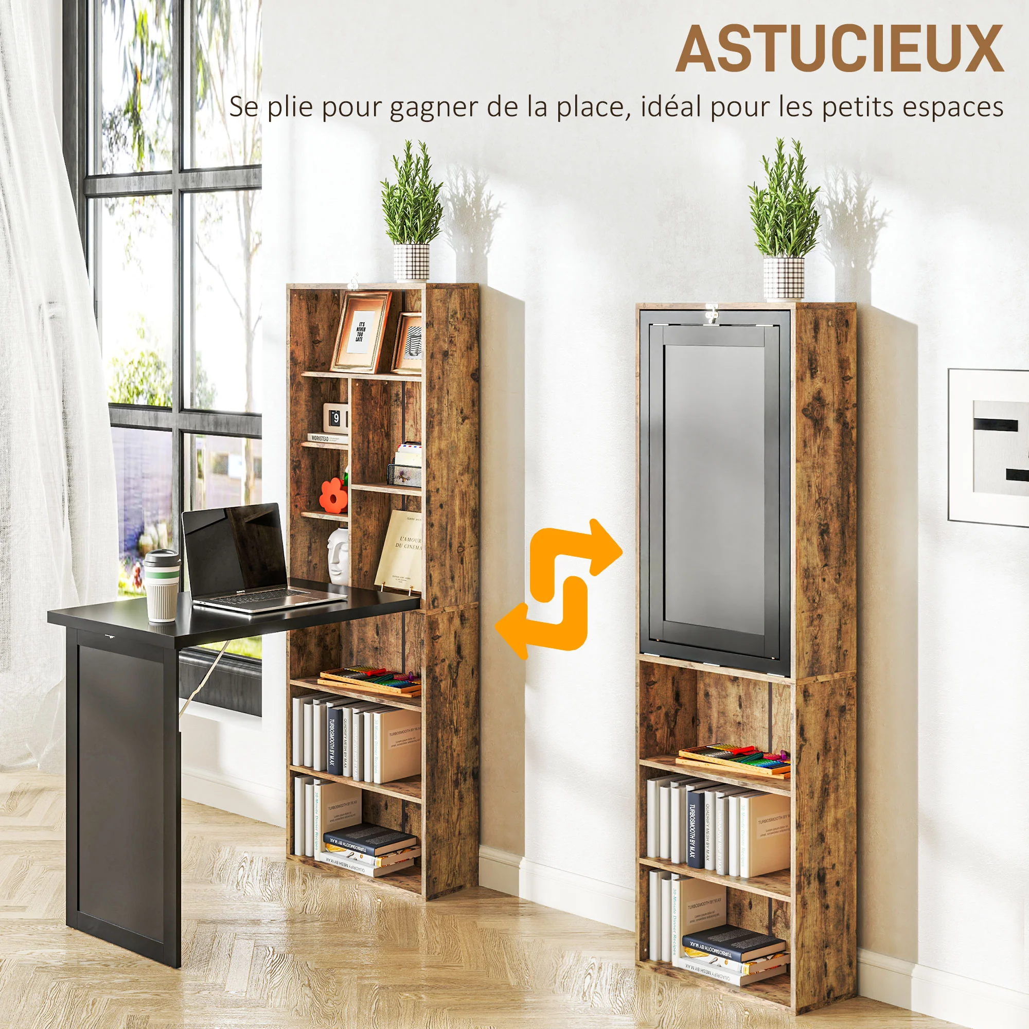 Bureau informatique pliable, bureau avec bibliothèque, poste de travail, tableau noir, 9 compartiments ouverts et étagère réglable, table d'ordinateur pour chambre, 98x51x153cm, brun rustique - Image 5