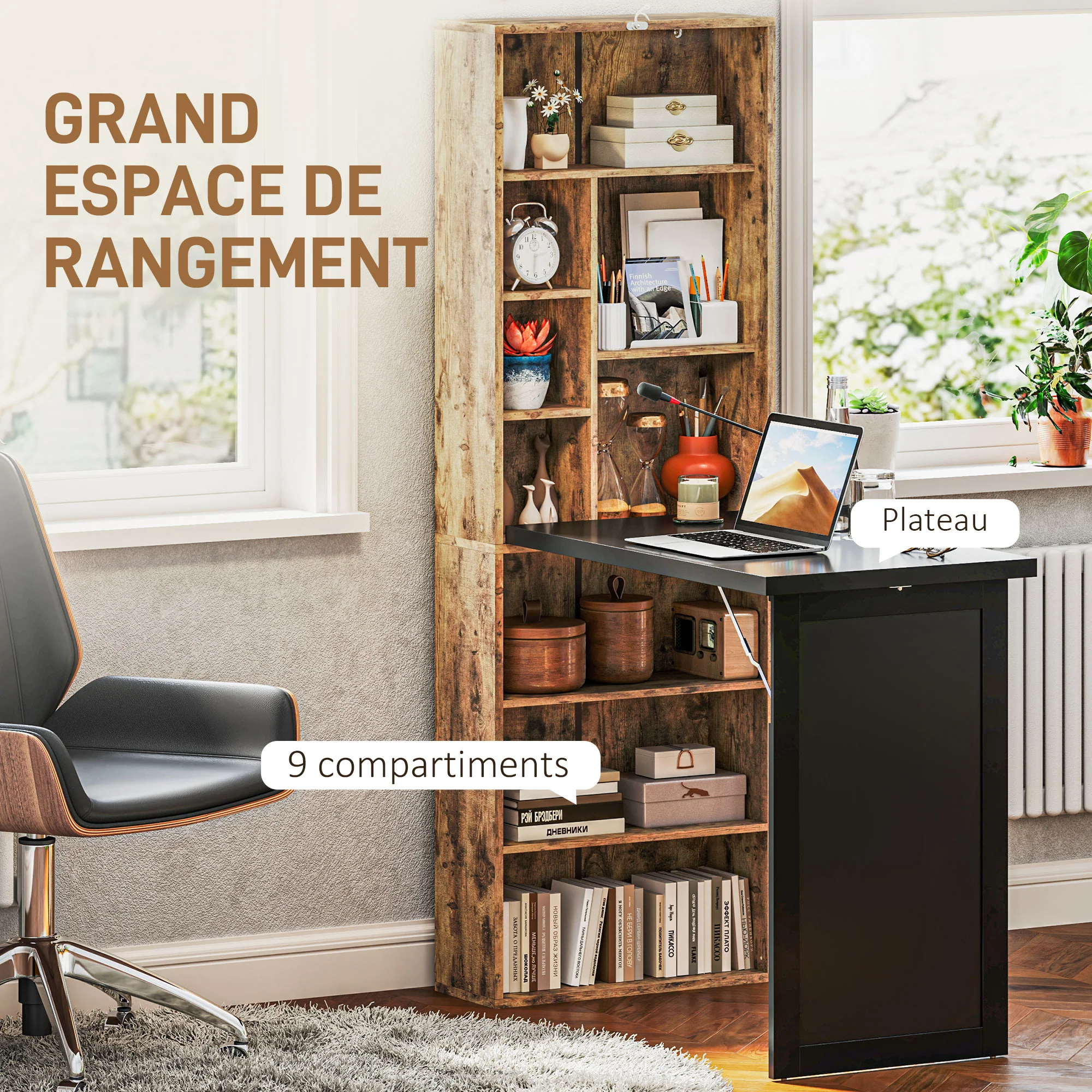 Bureau informatique pliable, bureau avec bibliothèque, poste de travail, tableau noir, 9 compartiments ouverts et étagère réglable, table d'ordinateur pour chambre, 98x51x153cm, brun rustique - Image 6