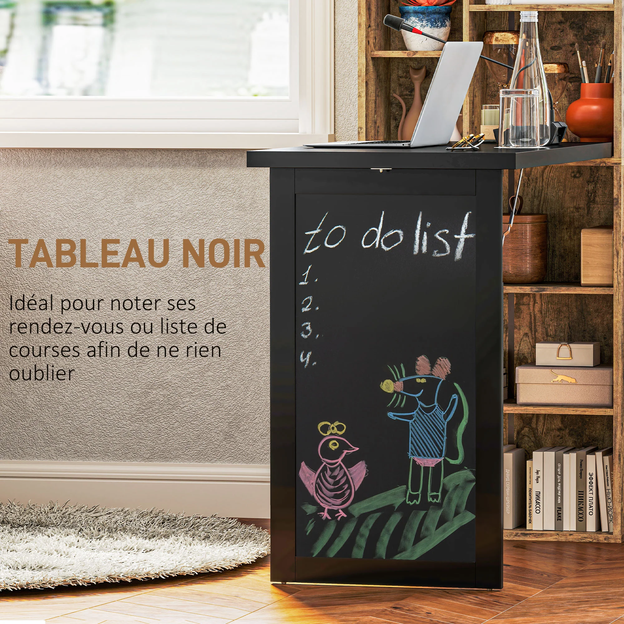 Bureau informatique pliable, bureau avec bibliothèque, poste de travail, tableau noir, 9 compartiments ouverts et étagère réglable, table d'ordinateur pour chambre, 98x51x153cm, brun rustique - Image 7
