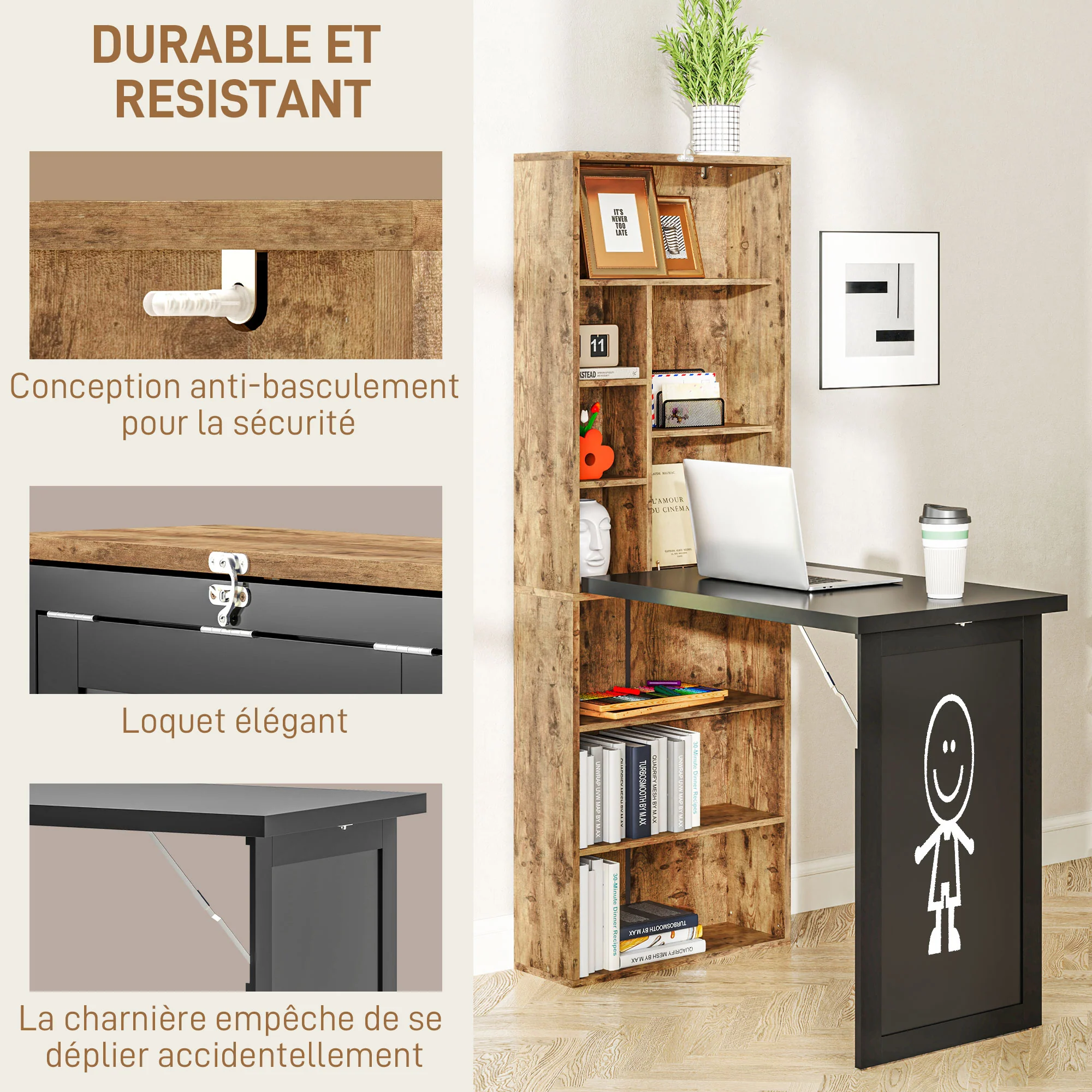 Bureau informatique pliable, bureau avec bibliothèque, poste de travail, tableau noir, 9 compartiments ouverts et étagère réglable, table d'ordinateur pour chambre, 98x51x153cm, brun rustique - Image 8