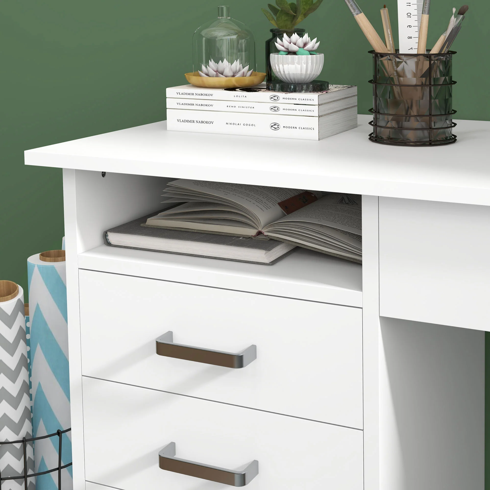 Bureau informatique table d'ordinateur moderne avec 5 tiroirs, grand plateau, 1 compartiment ouvert, tiroir verrouillable, 110 x 50 x 76 cm, blanc - Image 10