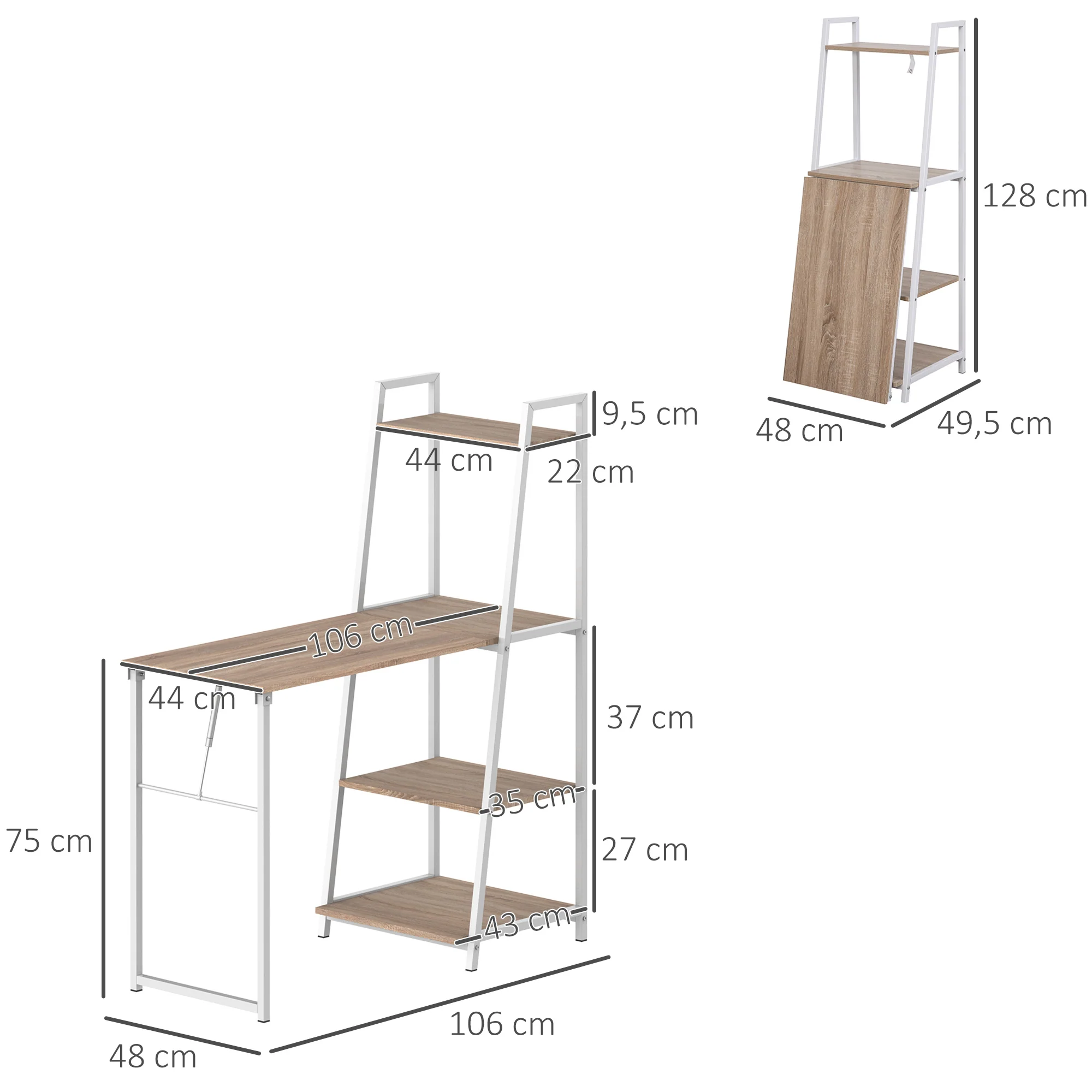 Bureau Pliable Rabattable - Bureau bibliothèque 2 en 1-4 étagères - Imitation Bois chêne Clair métal Blanc - Image 4