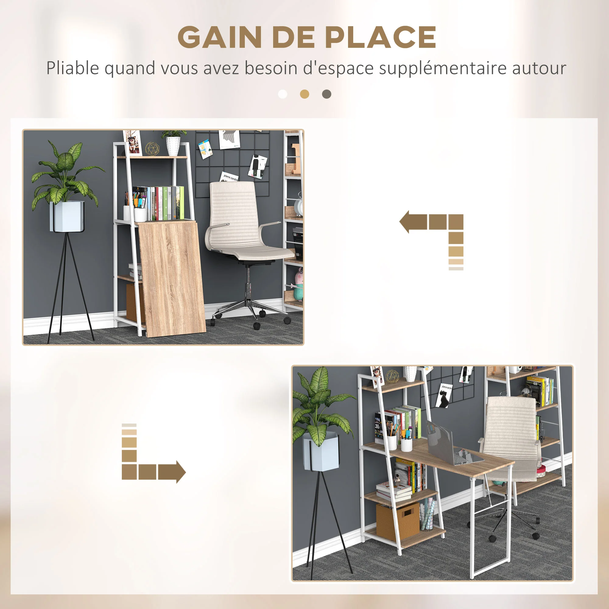 Bureau Pliable Rabattable - Bureau bibliothèque 2 en 1-4 étagères - Imitation Bois chêne Clair métal Blanc - Image 5