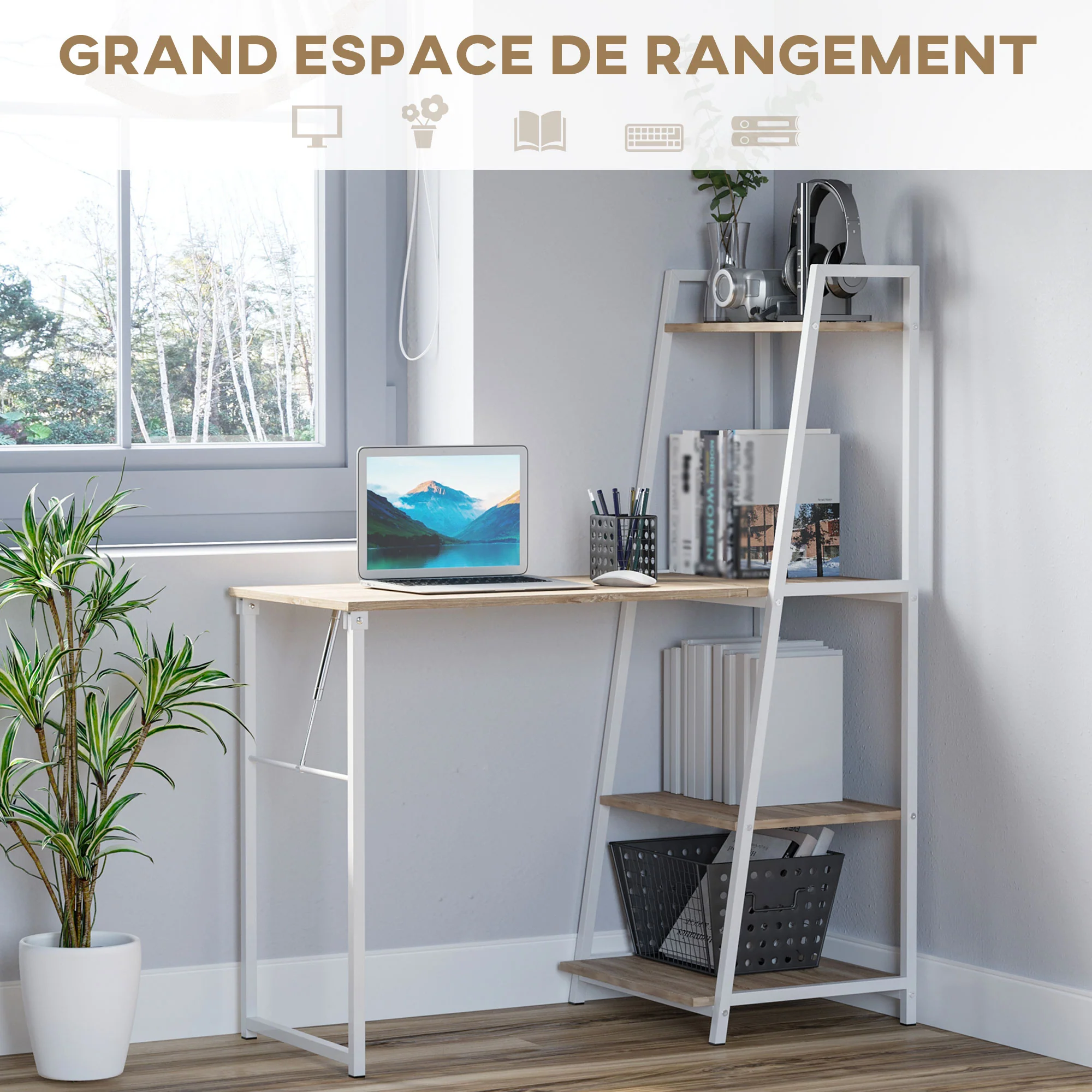 Bureau Pliable Rabattable - Bureau bibliothèque 2 en 1-4 étagères - Imitation Bois chêne Clair métal Blanc - Image 6