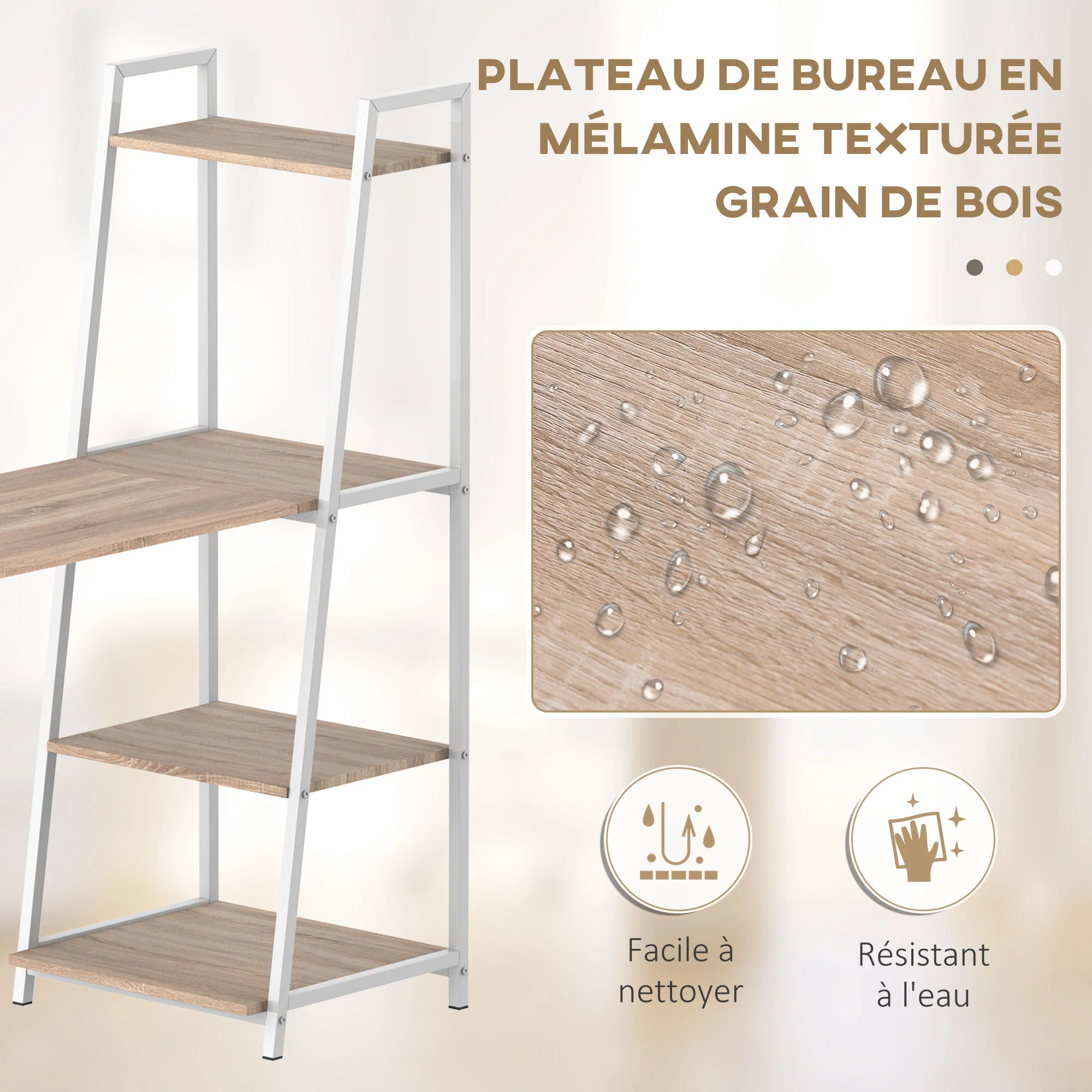 Bureau Pliable Rabattable - Bureau bibliothèque 2 en 1-4 étagères - Imitation Bois chêne Clair métal Blanc - Image 7