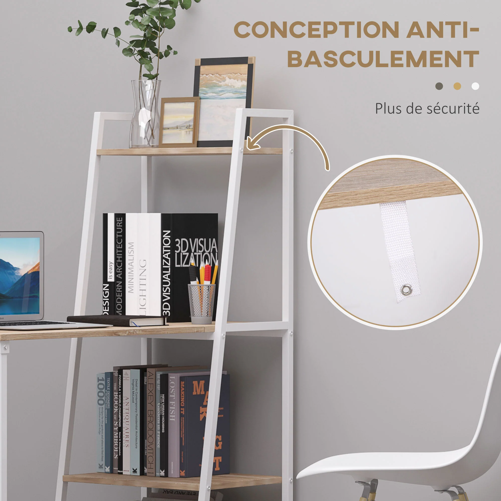 Bureau Pliable Rabattable - Bureau bibliothèque 2 en 1-4 étagères - Imitation Bois chêne Clair métal Blanc - Image 8