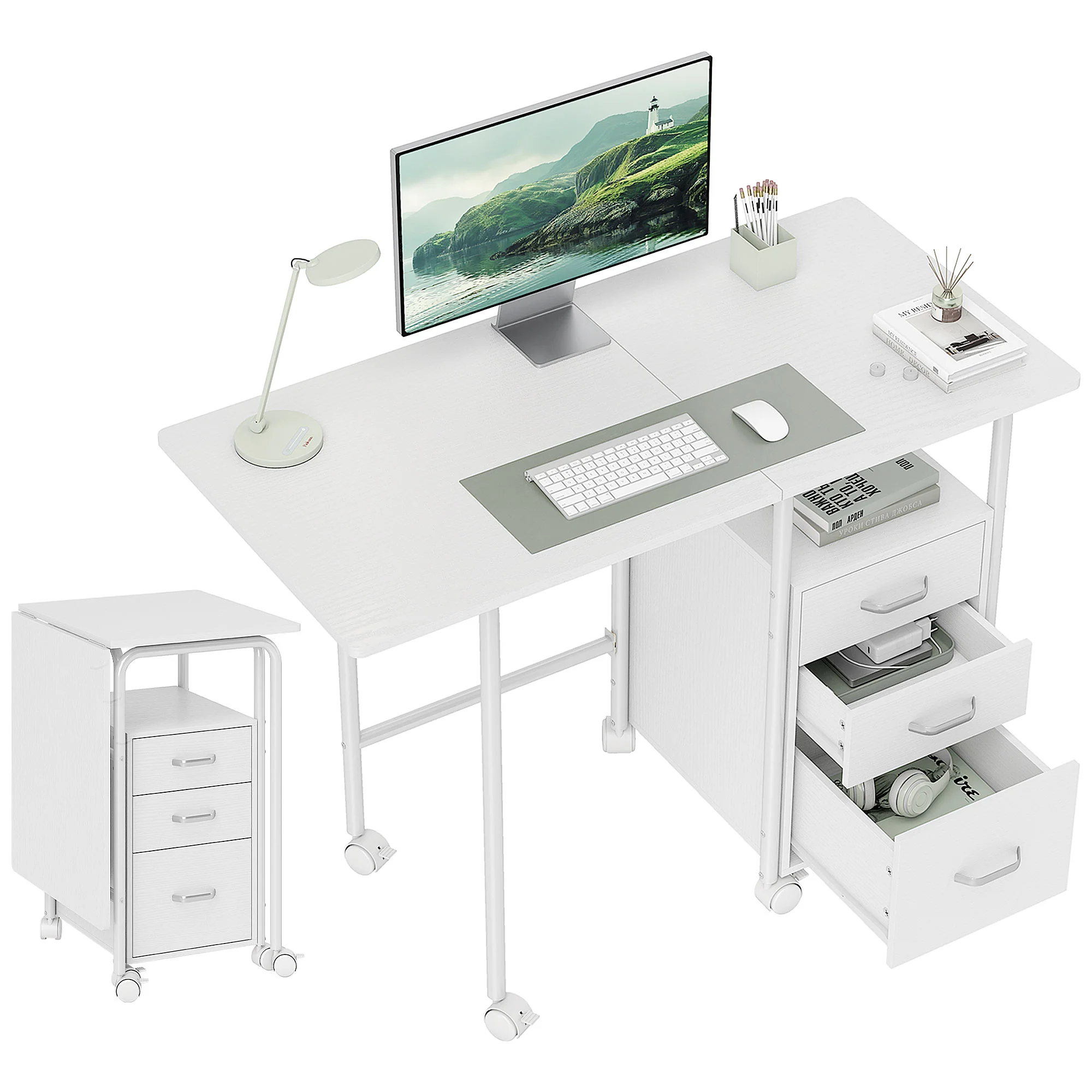 Bureau pliable sur roulettes avec 3 tiroirs, bureau d'ordinateur, plateau extensible, cadre en acier, 105x51x75,5cm, pour télétravail, chambre, salle d'étude, style moderne, blanc - Image 11
