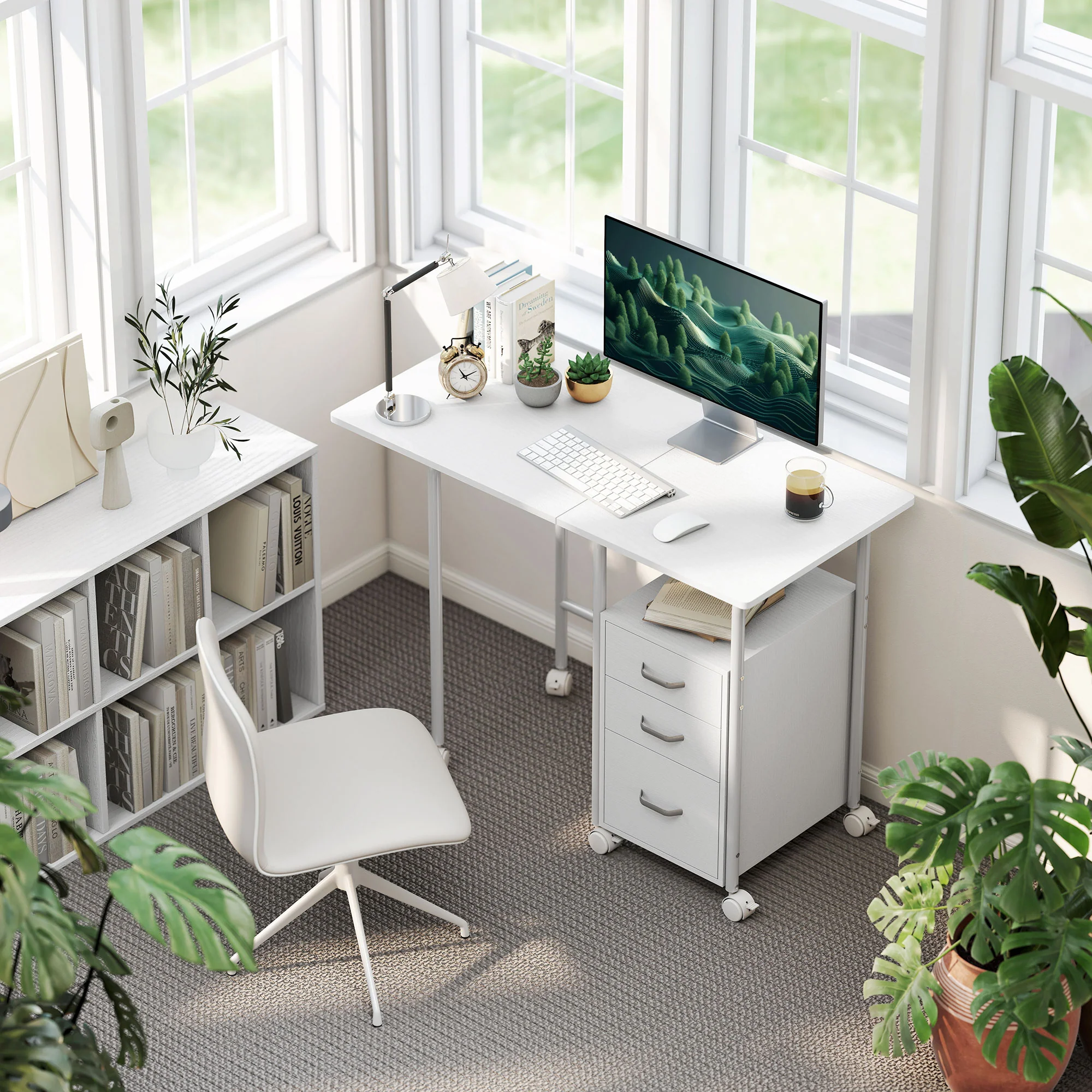 Bureau pliable sur roulettes avec 3 tiroirs, bureau d'ordinateur, plateau extensible, cadre en acier, 105x51x75,5cm, pour télétravail, chambre, salle d'étude, style moderne, blanc - Image 3