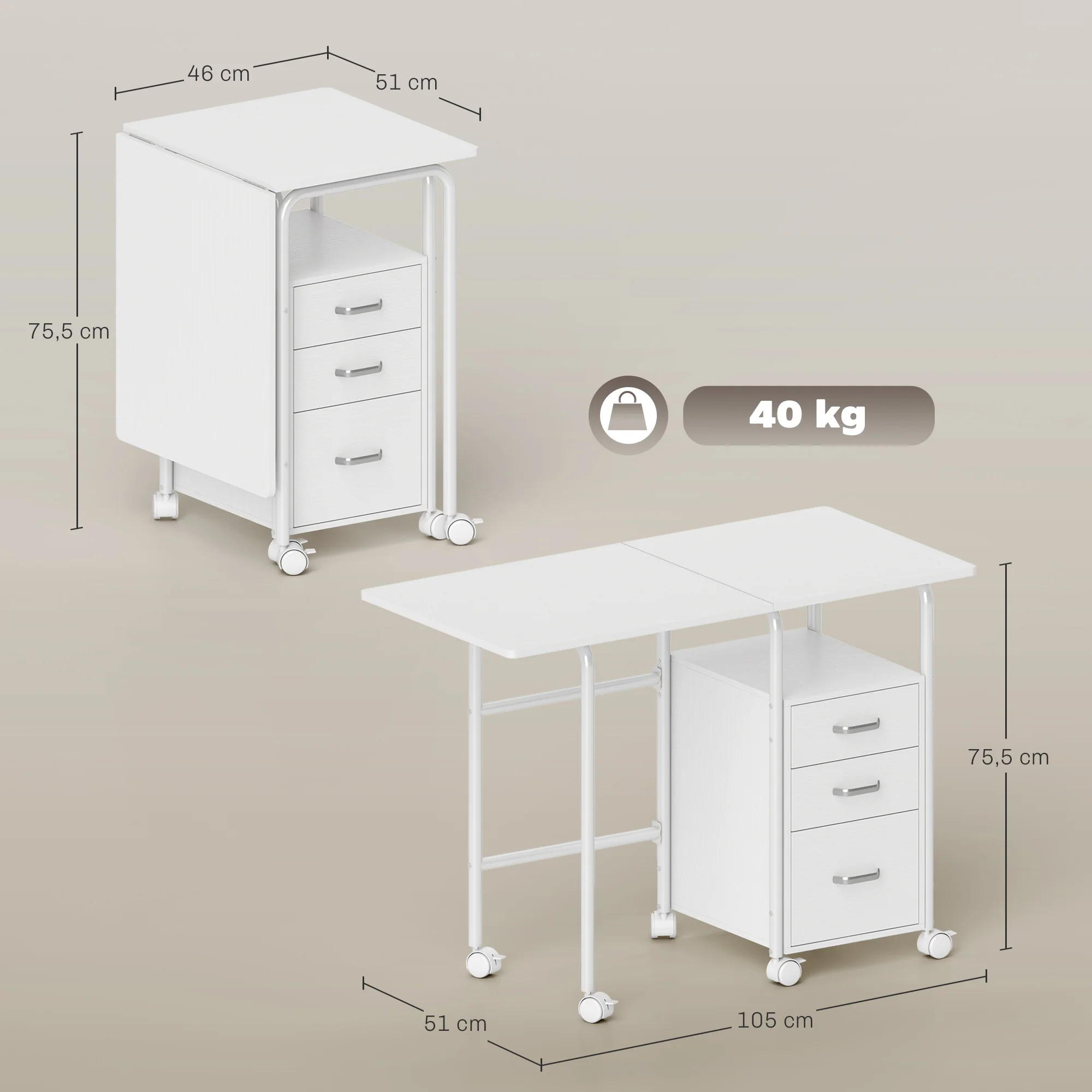 Bureau pliable sur roulettes avec 3 tiroirs, bureau d'ordinateur, plateau extensible, cadre en acier, 105x51x75,5cm, pour télétravail, chambre, salle d'étude, style moderne, blanc - Image 4