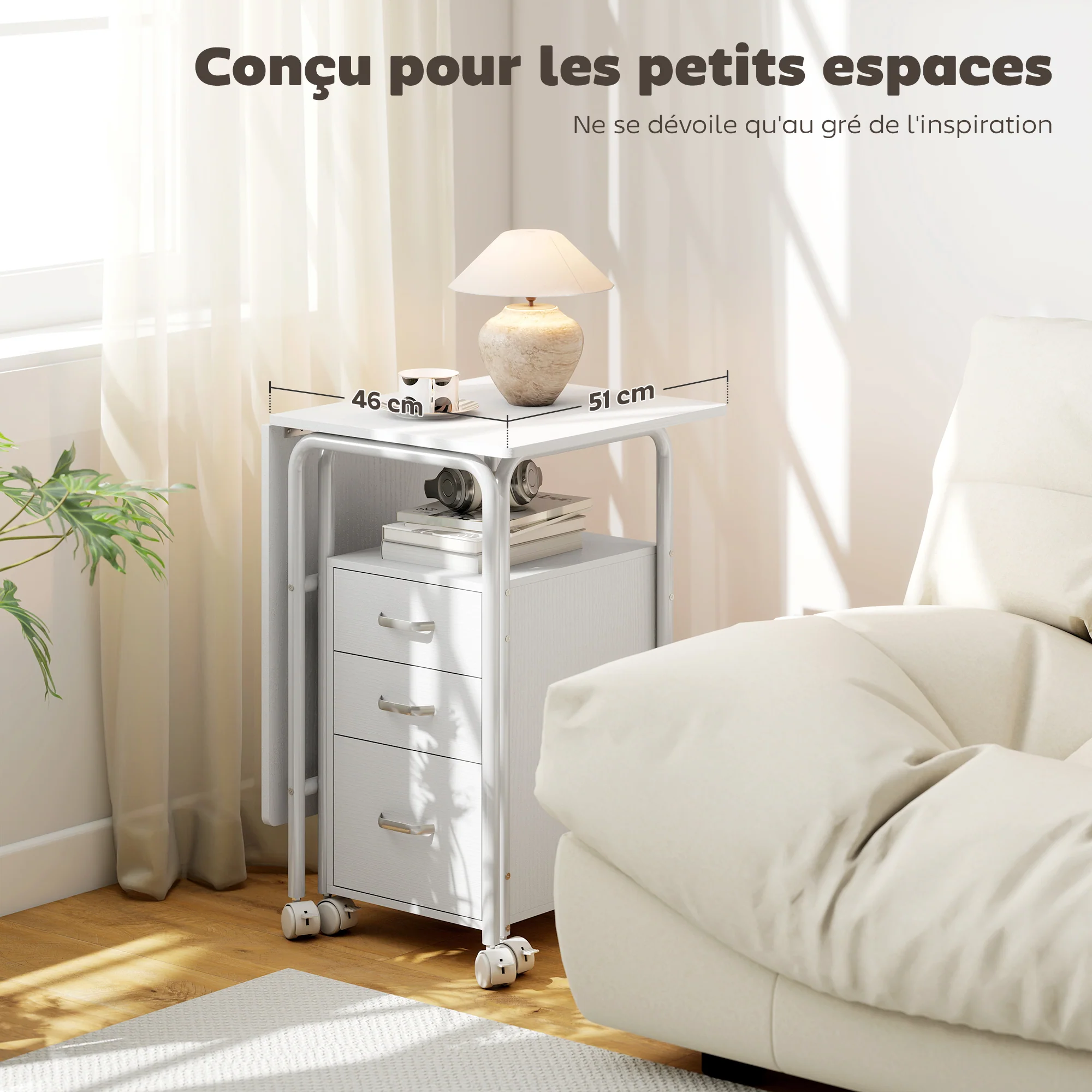 Bureau pliable sur roulettes avec 3 tiroirs, bureau d'ordinateur, plateau extensible, cadre en acier, 105x51x75,5cm, pour télétravail, chambre, salle d'étude, style moderne, blanc - Image 5