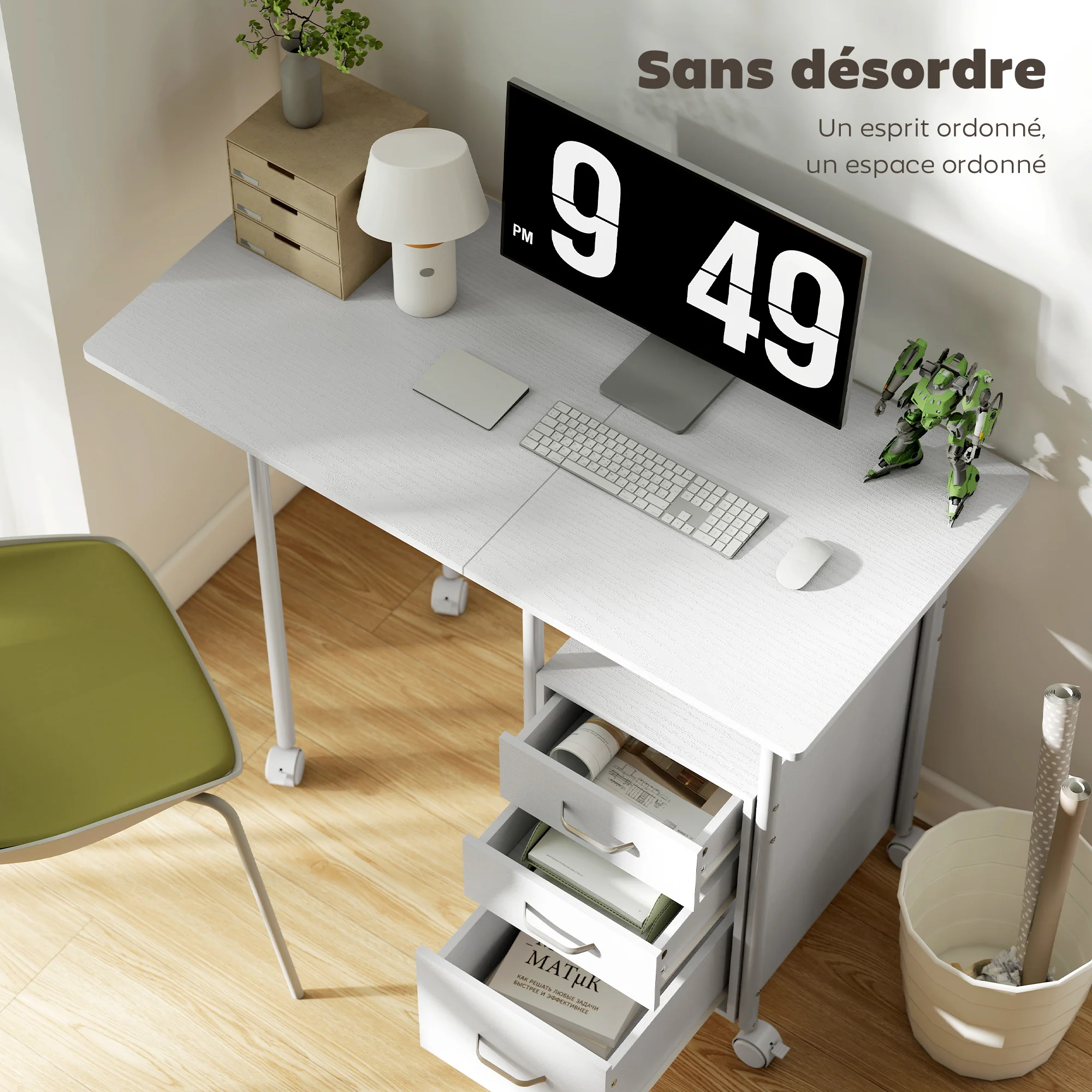Bureau pliable sur roulettes avec 3 tiroirs, bureau d'ordinateur, plateau extensible, cadre en acier, 105x51x75,5cm, pour télétravail, chambre, salle d'étude, style moderne, blanc - Image 6
