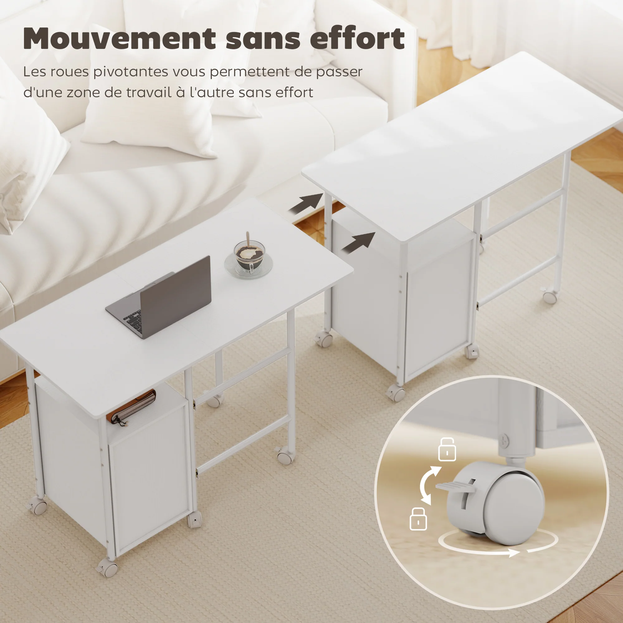 Bureau pliable sur roulettes avec 3 tiroirs, bureau d'ordinateur, plateau extensible, cadre en acier, 105x51x75,5cm, pour télétravail, chambre, salle d'étude, style moderne, blanc - Image 7