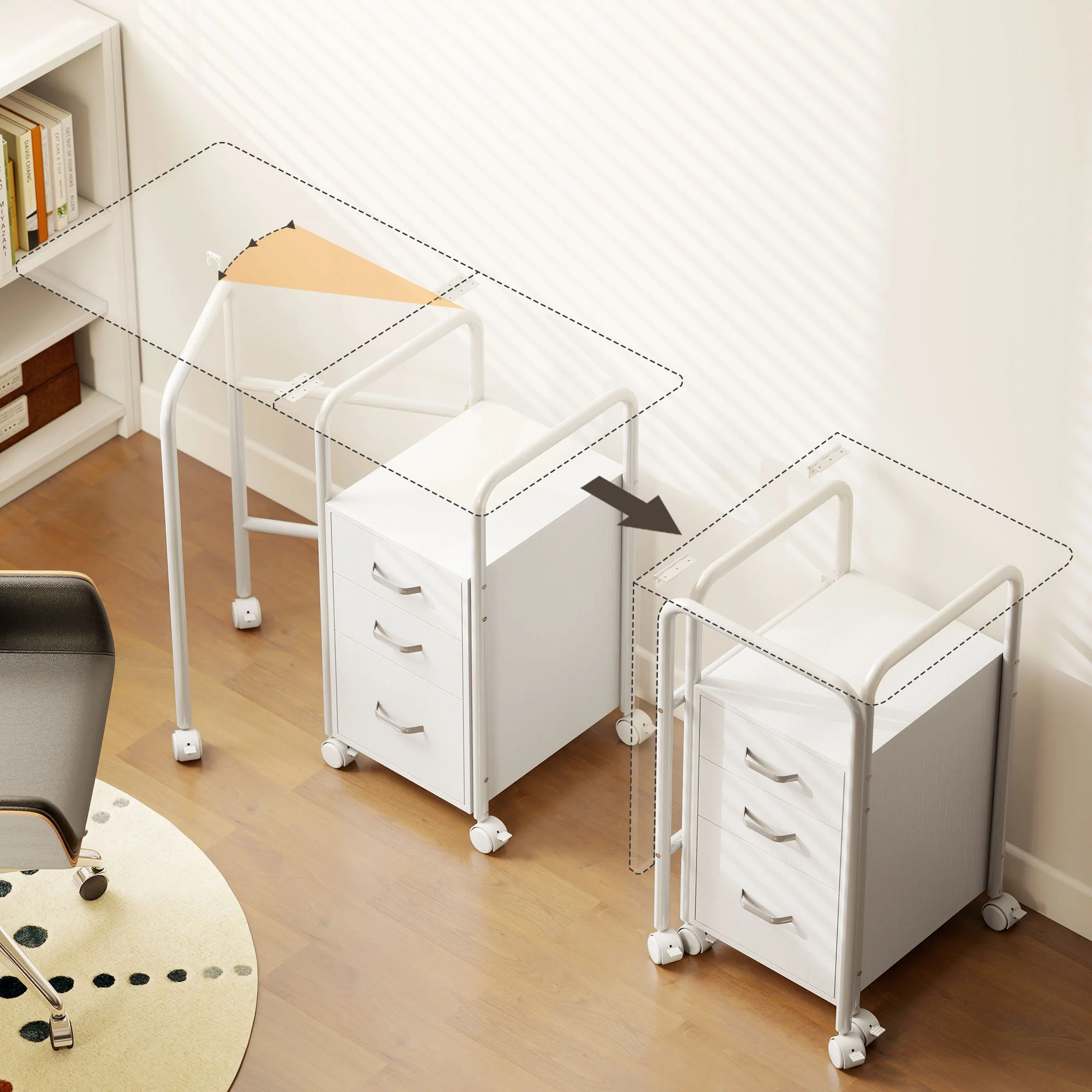 Bureau pliable sur roulettes avec 3 tiroirs, bureau d'ordinateur, plateau extensible, cadre en acier, 105x51x75,5cm, pour télétravail, chambre, salle d'étude, style moderne, blanc - Image 8