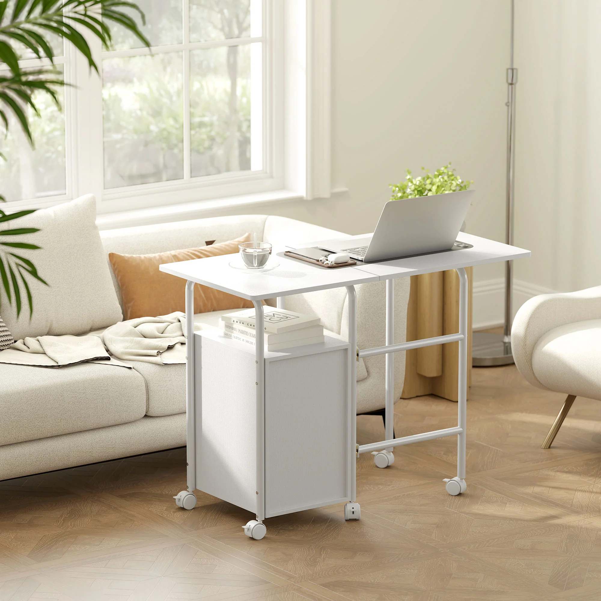 Bureau pliable sur roulettes avec 3 tiroirs, bureau d'ordinateur, plateau extensible, cadre en acier, 105x51x75,5cm, pour télétravail, chambre, salle d'étude, style moderne, blanc - Image 9