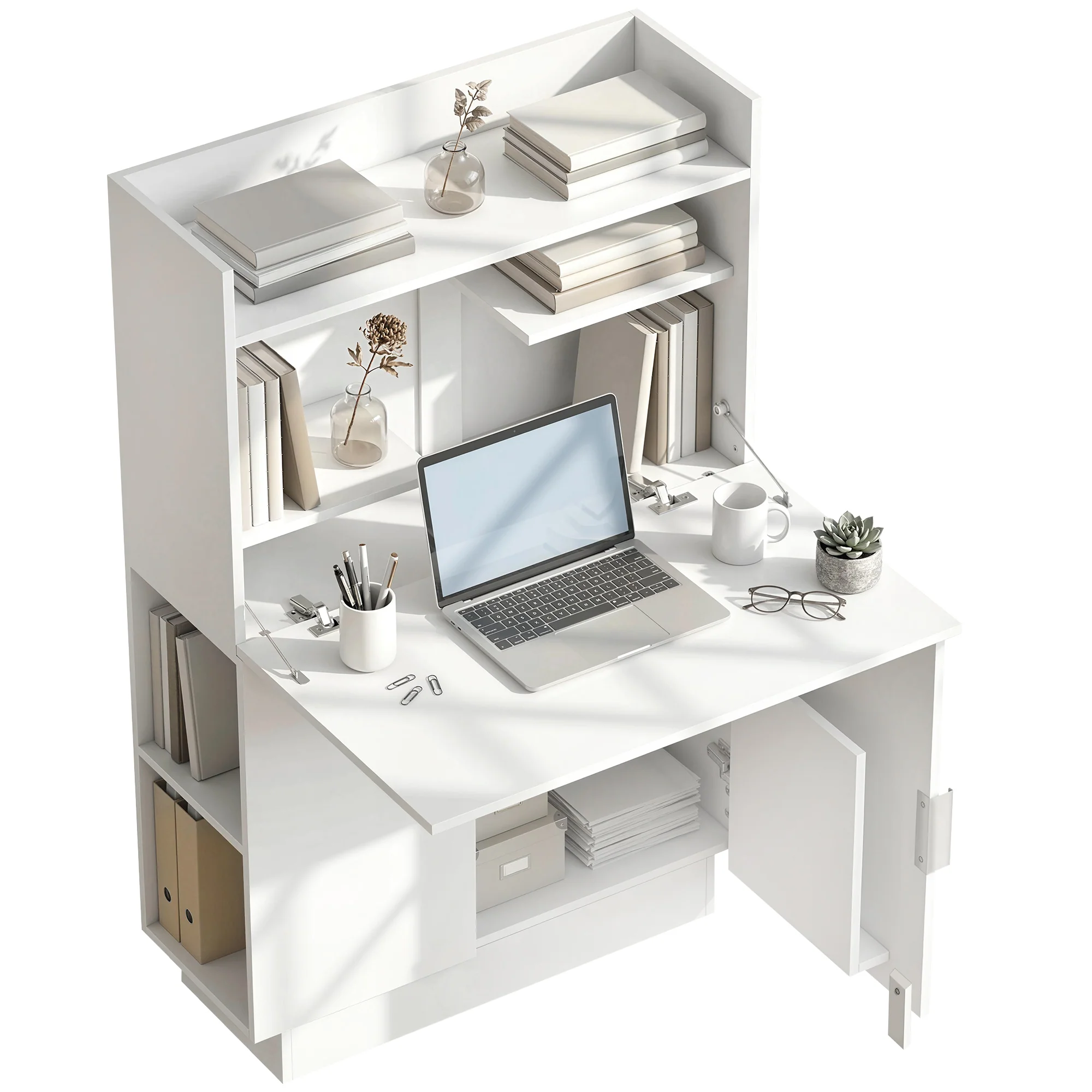 Bureau Pliant, Bureau Informatique avec Plateau Rabattable, étagères de Rangement et Placard, Style Moderne, 80 x 30 x 128 cm, Blanc