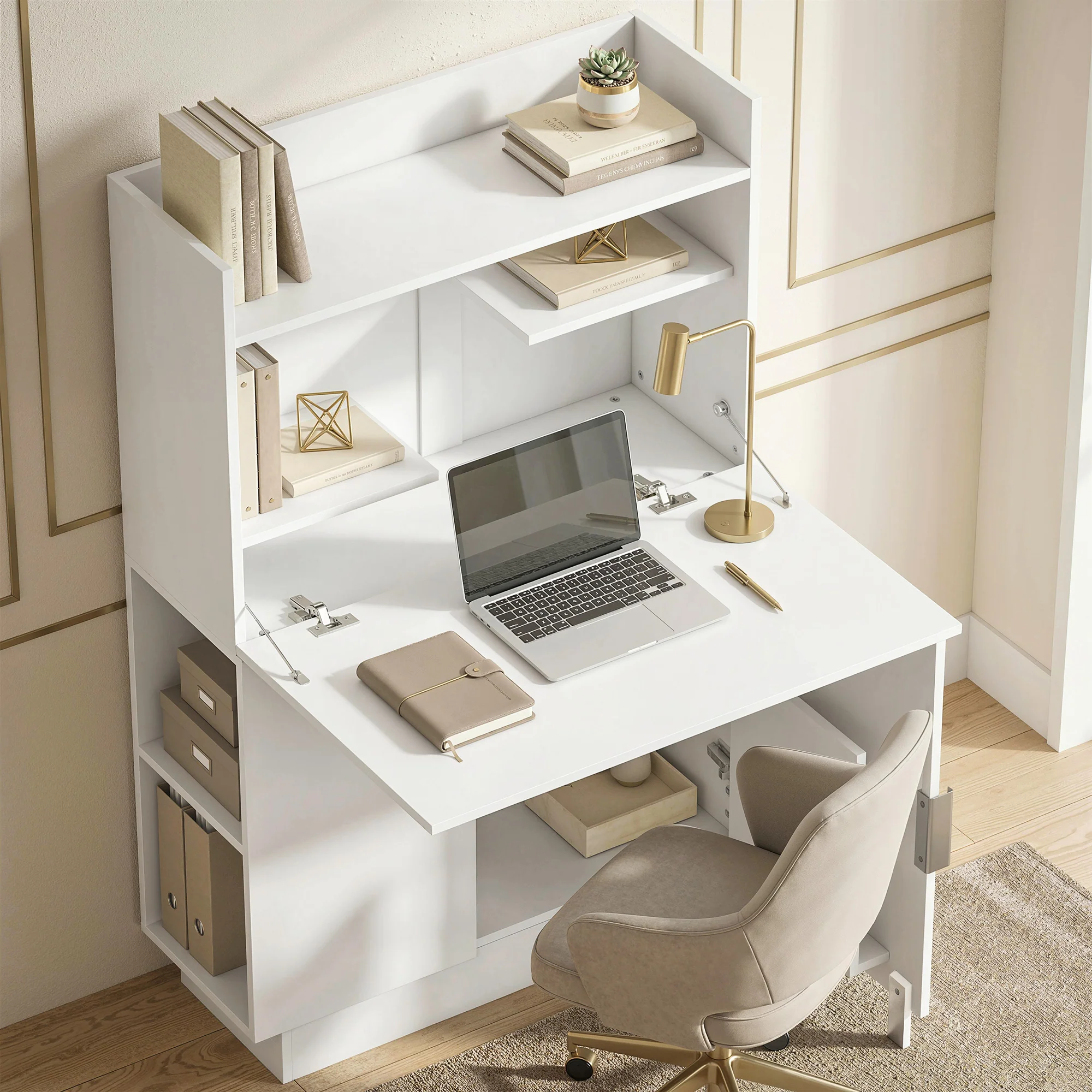 Bureau Pliant, Bureau Informatique avec Plateau Rabattable, étagères de Rangement et Placard, Style Moderne, 80 x 30 x 128 cm, Blanc - Image 3