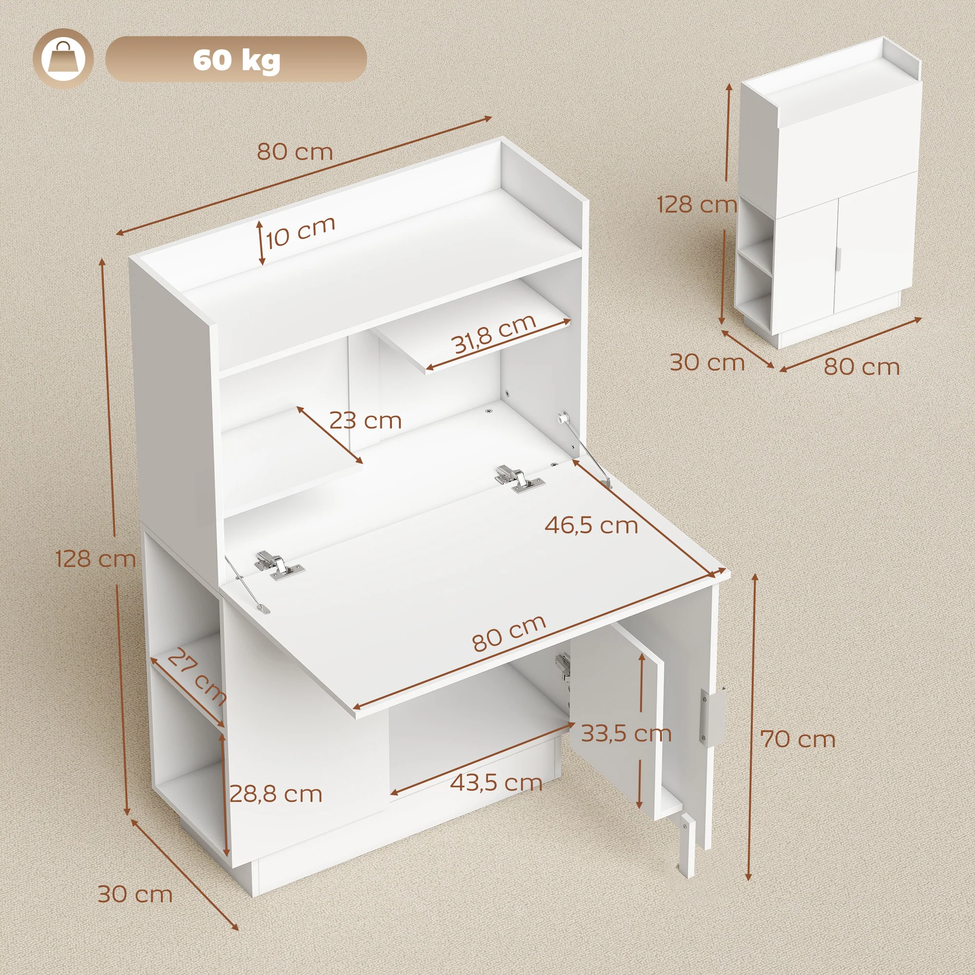Bureau Pliant, Bureau Informatique avec Plateau Rabattable, étagères de Rangement et Placard, Style Moderne, 80 x 30 x 128 cm, Blanc - Image 4