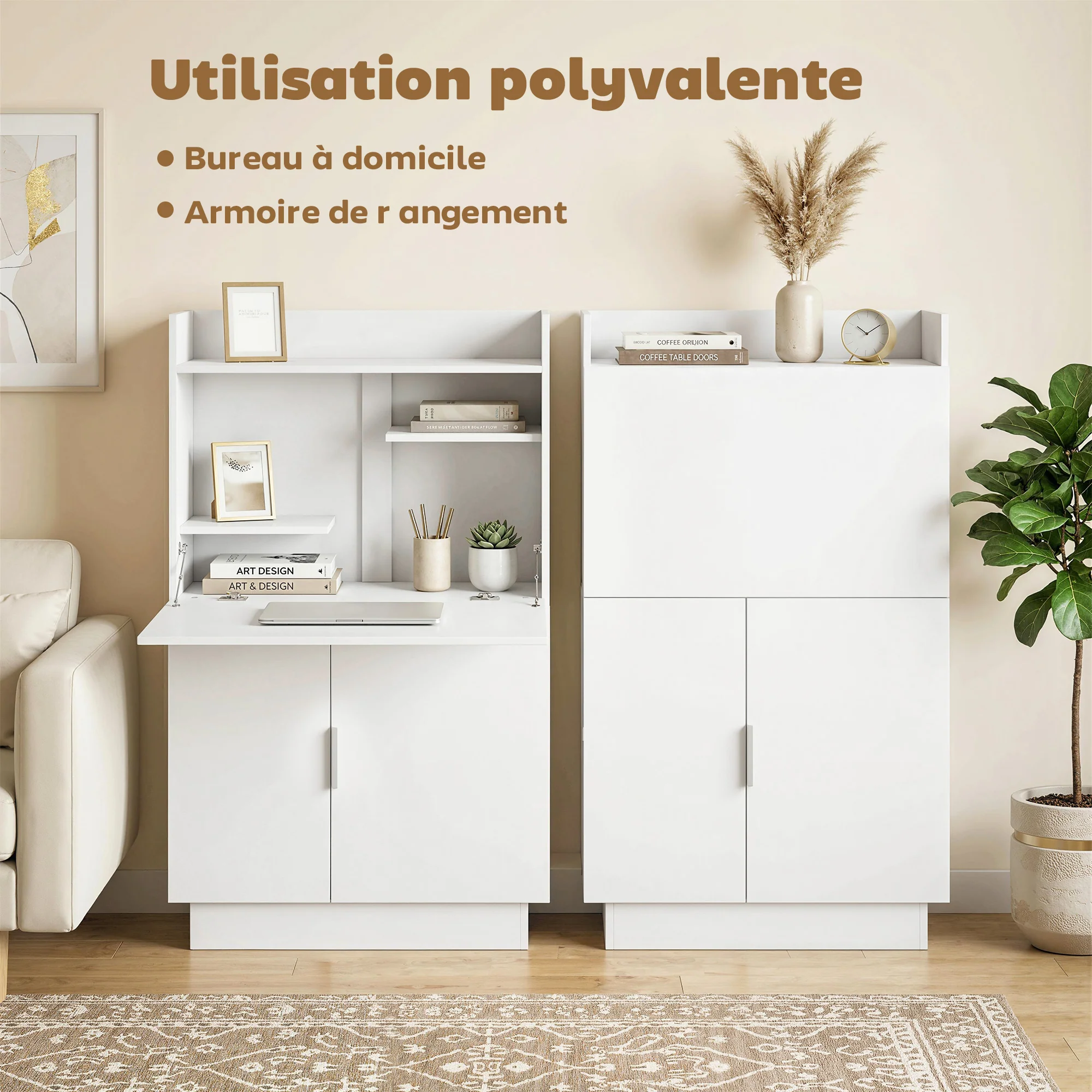Bureau Pliant, Bureau Informatique avec Plateau Rabattable, étagères de Rangement et Placard, Style Moderne, 80 x 30 x 128 cm, Blanc - Image 5