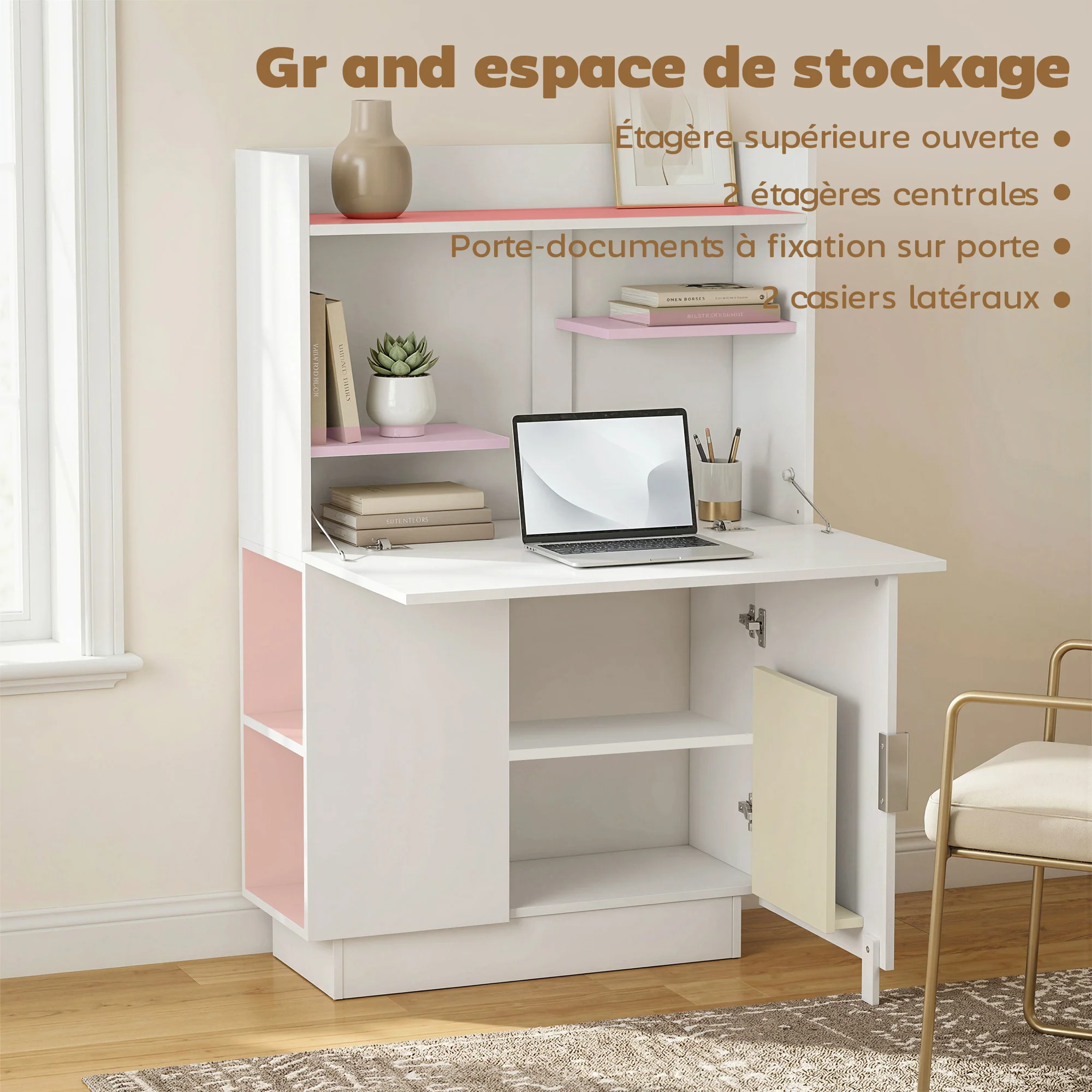 Bureau Pliant, Bureau Informatique avec Plateau Rabattable, étagères de Rangement et Placard, Style Moderne, 80 x 30 x 128 cm, Blanc - Image 6