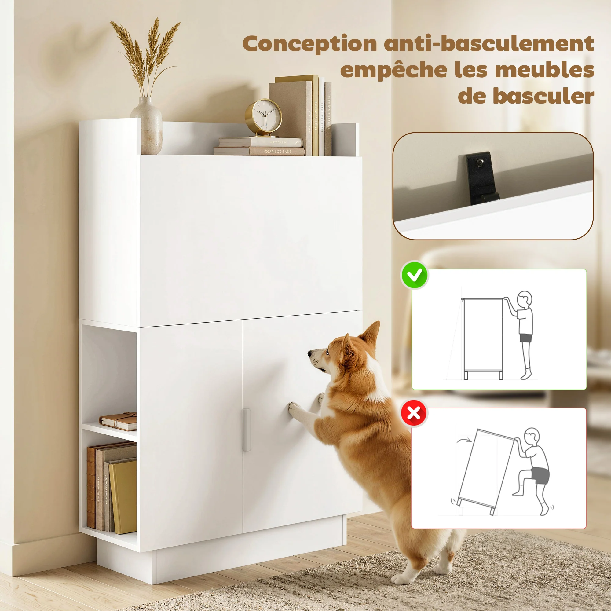 Bureau Pliant, Bureau Informatique avec Plateau Rabattable, étagères de Rangement et Placard, Style Moderne, 80 x 30 x 128 cm, Blanc - Image 8