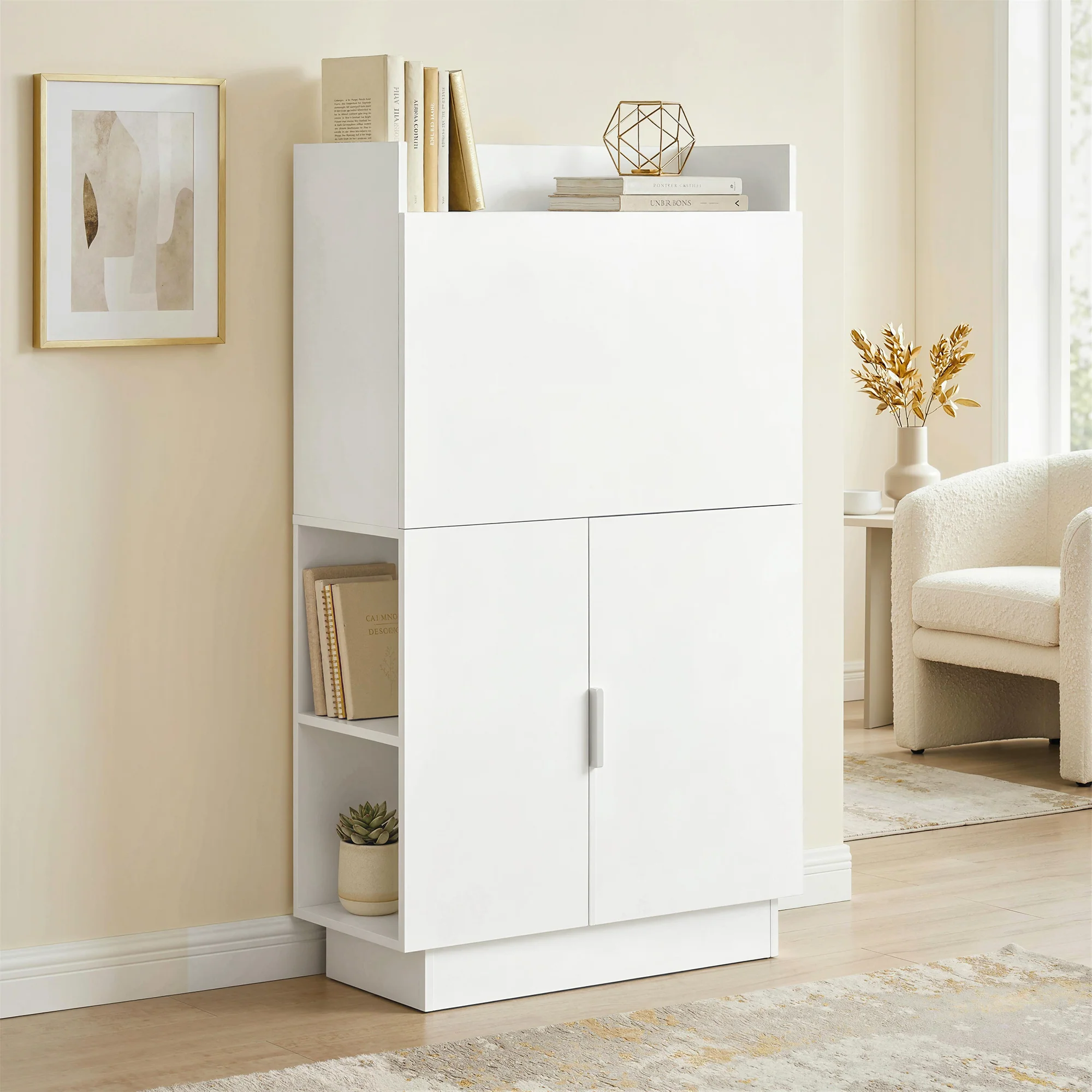 Bureau Pliant, Bureau Informatique avec Plateau Rabattable, étagères de Rangement et Placard, Style Moderne, 80 x 30 x 128 cm, Blanc - Image 9