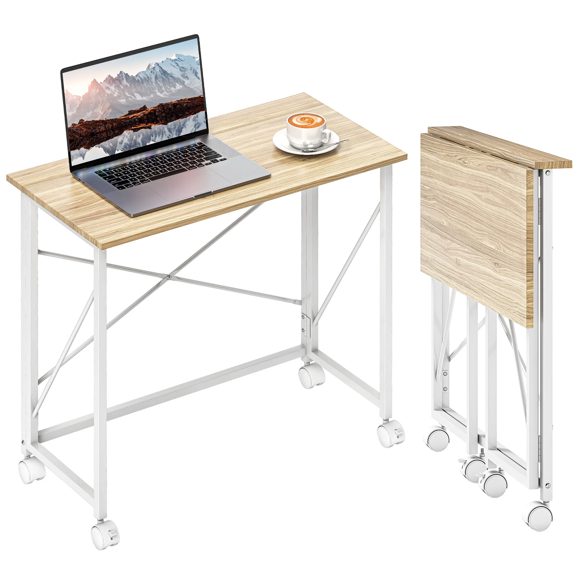 Bureau pliant table d'ordinateur 80 x 40 cm bureau sur roulettes style moderne pour domicile, chambre, petits espaces, chêne - Image 11