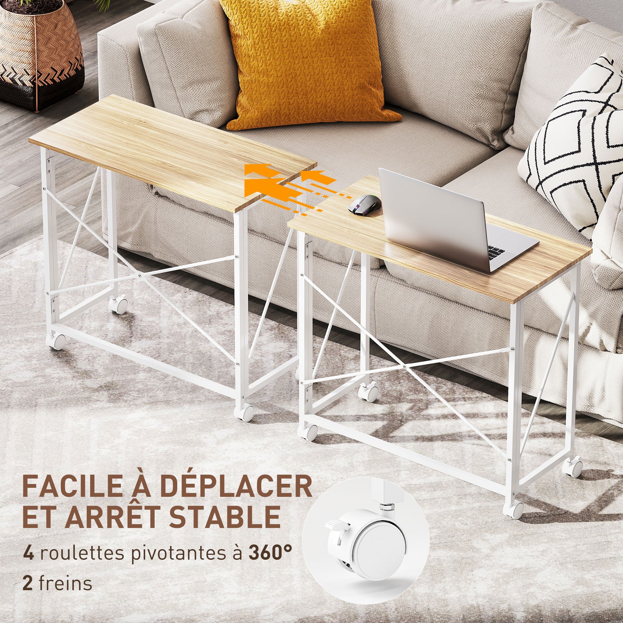 Bureau pliant table d'ordinateur 80 x 40 cm bureau sur roulettes style moderne pour domicile, chambre, petits espaces, chêne - Image 6
