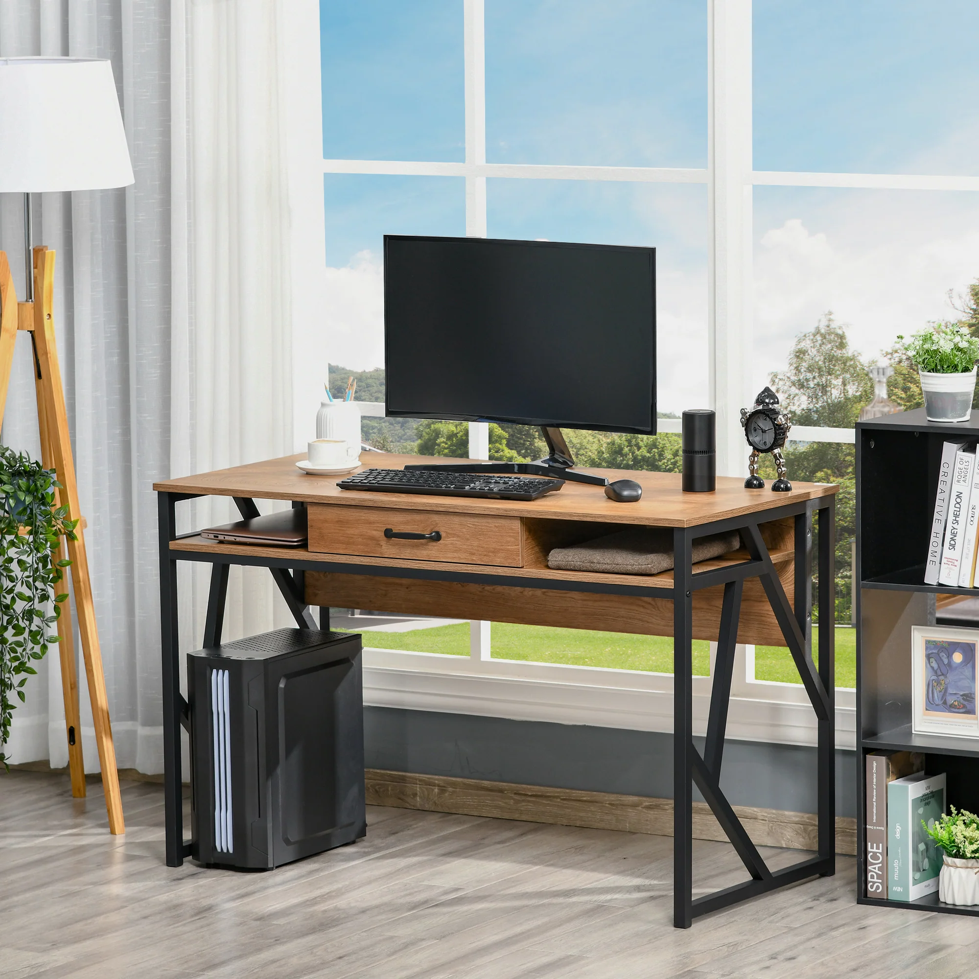 Bureau Style Industriel dim. 120L x 60l x 76H cm tiroir + 2 niches piètement métal Noir Plateau Aspect Bois Noyer - Image 3