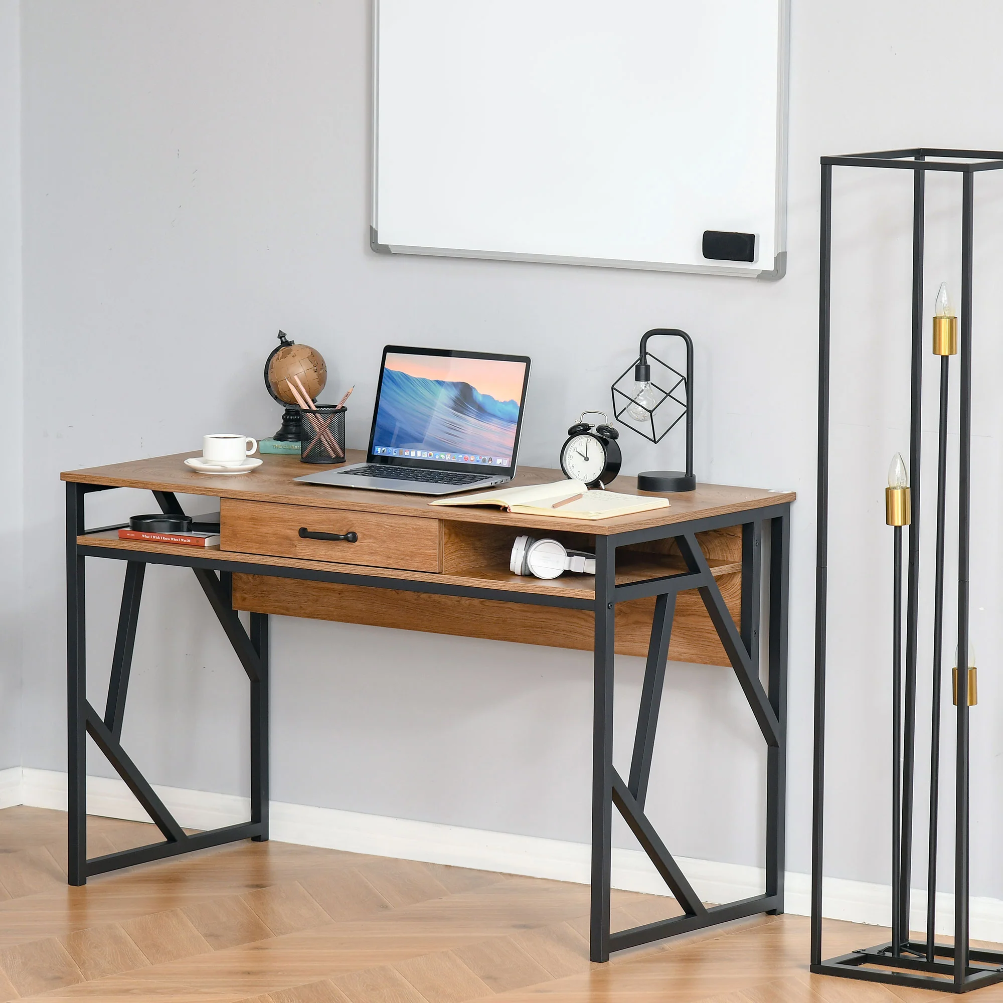 Bureau Style Industriel dim. 120L x 60l x 76H cm tiroir + 2 niches piètement métal Noir Plateau Aspect Bois Noyer - Image 5