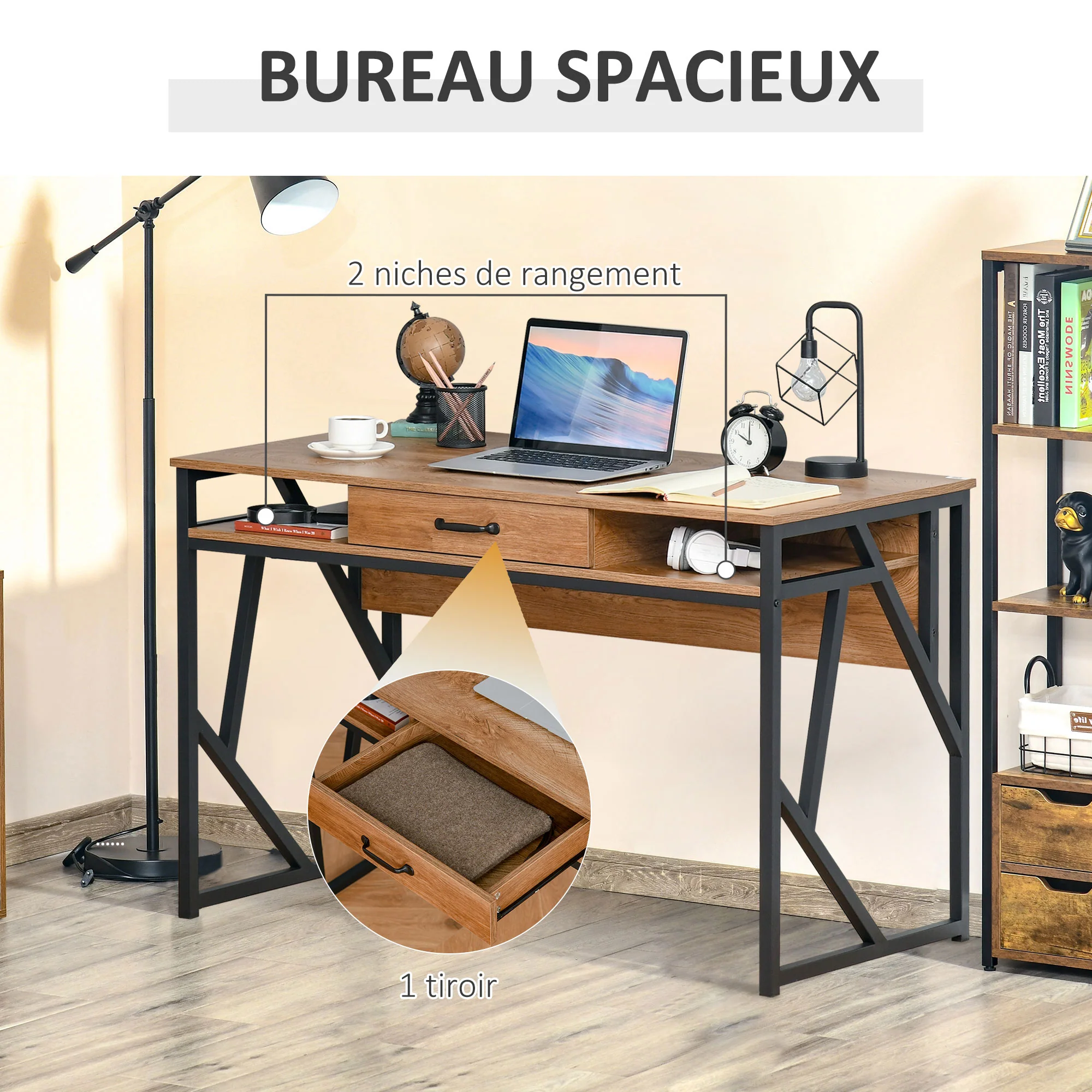 Bureau Style Industriel dim. 120L x 60l x 76H cm tiroir + 2 niches piètement métal Noir Plateau Aspect Bois Noyer - Image 6