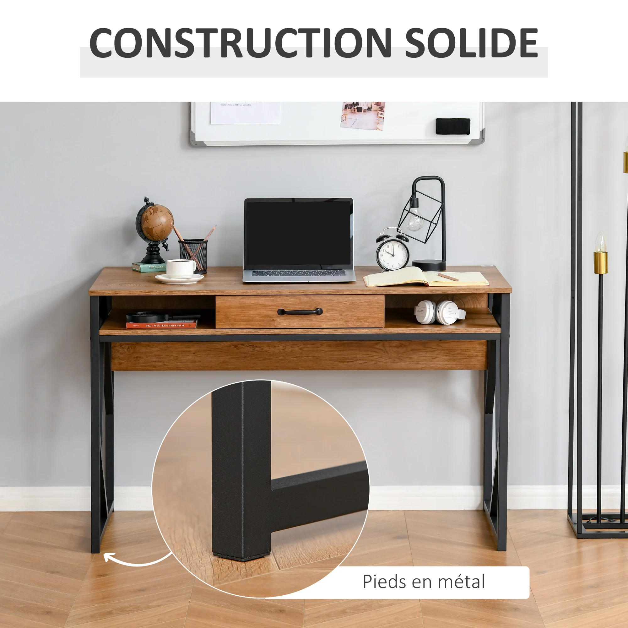 Bureau Style Industriel dim. 120L x 60l x 76H cm tiroir + 2 niches piètement métal Noir Plateau Aspect Bois Noyer - Image 7