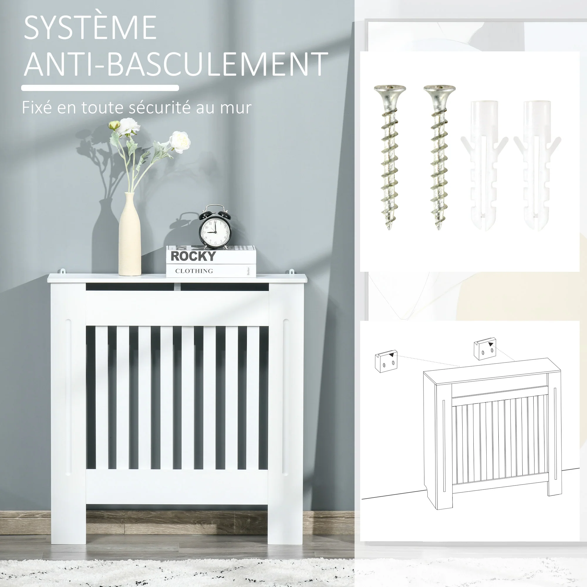 Cache-radiateur couverture radiateur grille d'aération verticale à lattes 78L x 19l x 81H cm en bois Blanc - Image 7