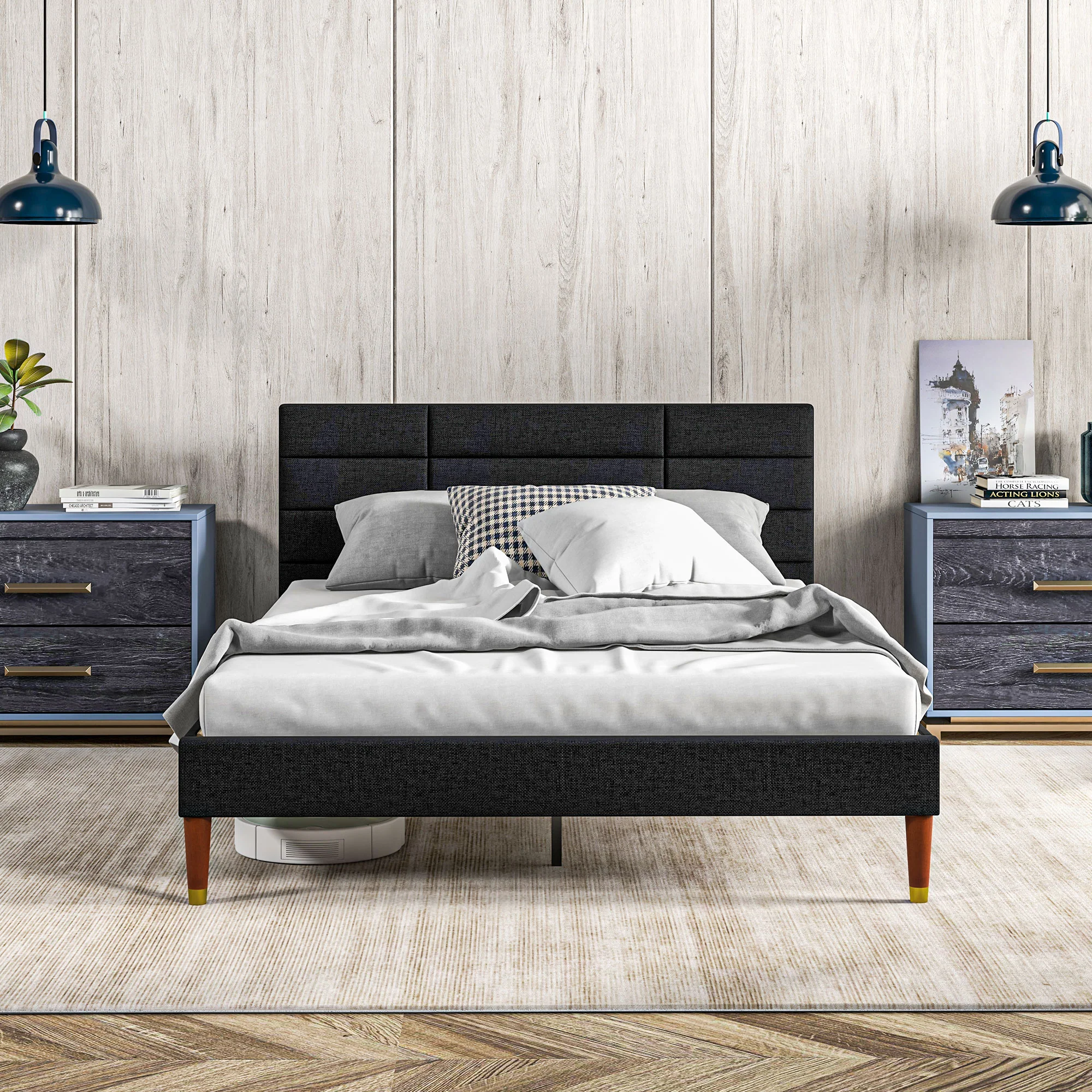 Cadre de lit Double 140 x 200 cm lit 2 Personnes - Hauteur 17 cm, sommier à Lattes et tête de lit capitonnée - en Bois et Tissu, Noir - Image 10