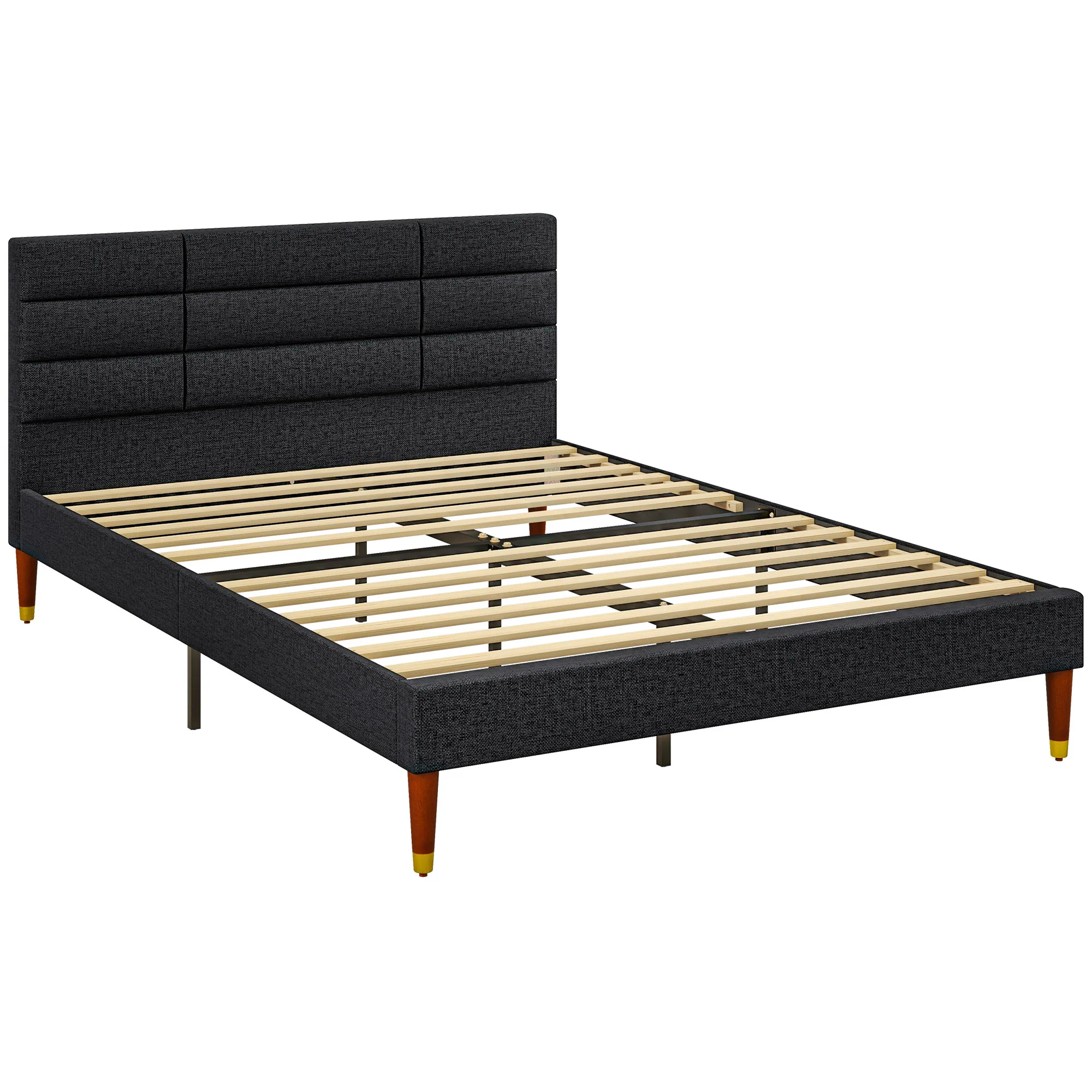 Cadre de lit Double 140 x 200 cm lit 2 Personnes - Hauteur 17 cm, sommier à Lattes et tête de lit capitonnée - en Bois et Tissu, Noir - Image 11