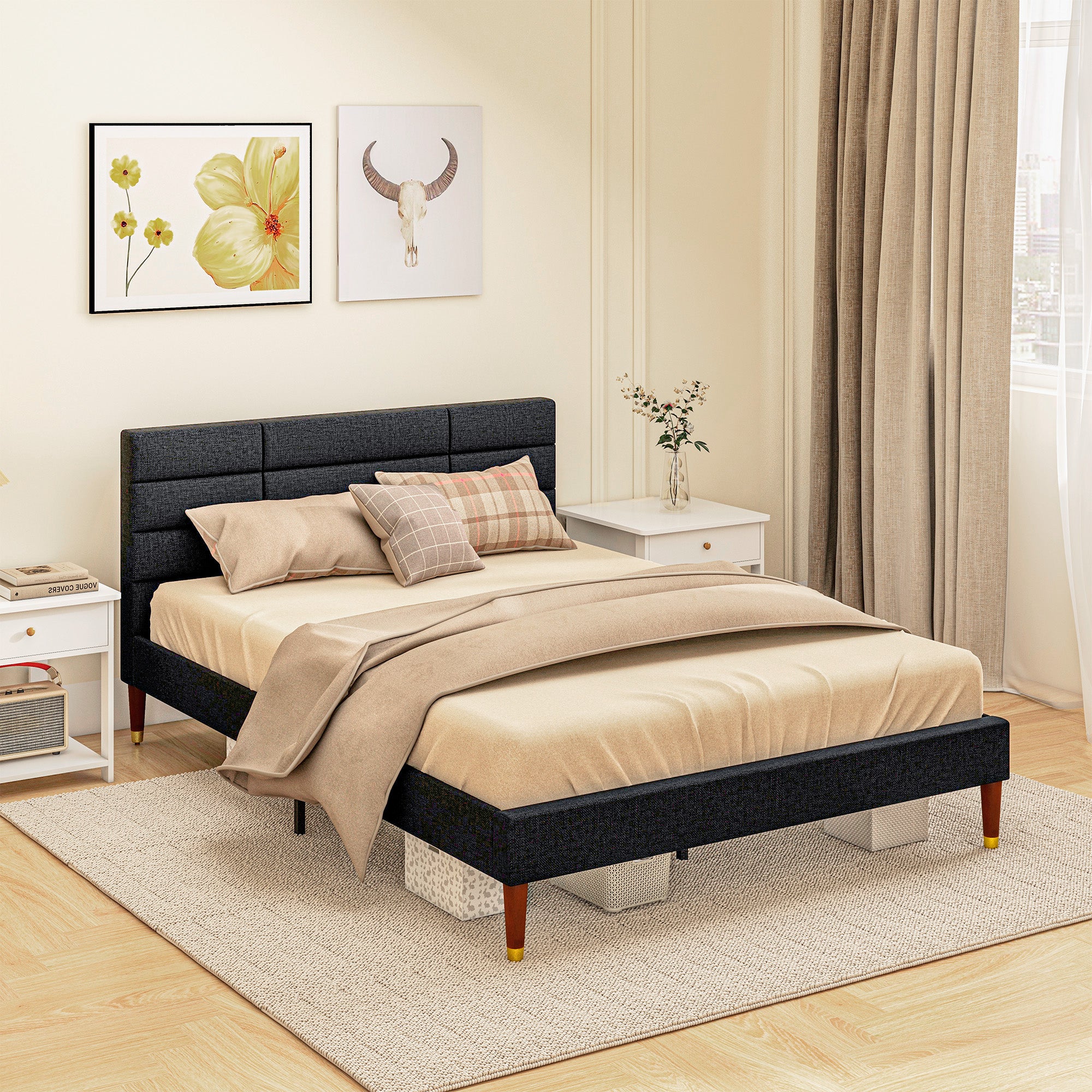 Cadre de lit Double 140 x 200 cm lit 2 Personnes - Hauteur 17 cm, sommier à Lattes et tête de lit capitonnée - en Bois et Tissu, Noir - Image 3