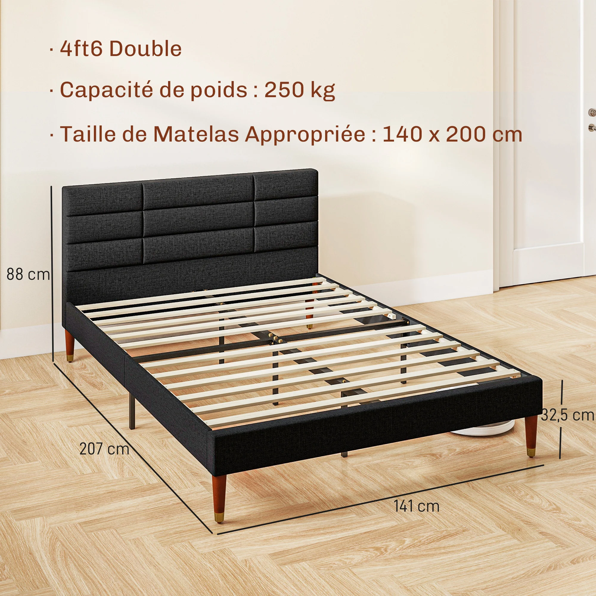 Cadre de lit Double 140 x 200 cm lit 2 Personnes - Hauteur 17 cm, sommier à Lattes et tête de lit capitonnée - en Bois et Tissu, Noir - Image 4