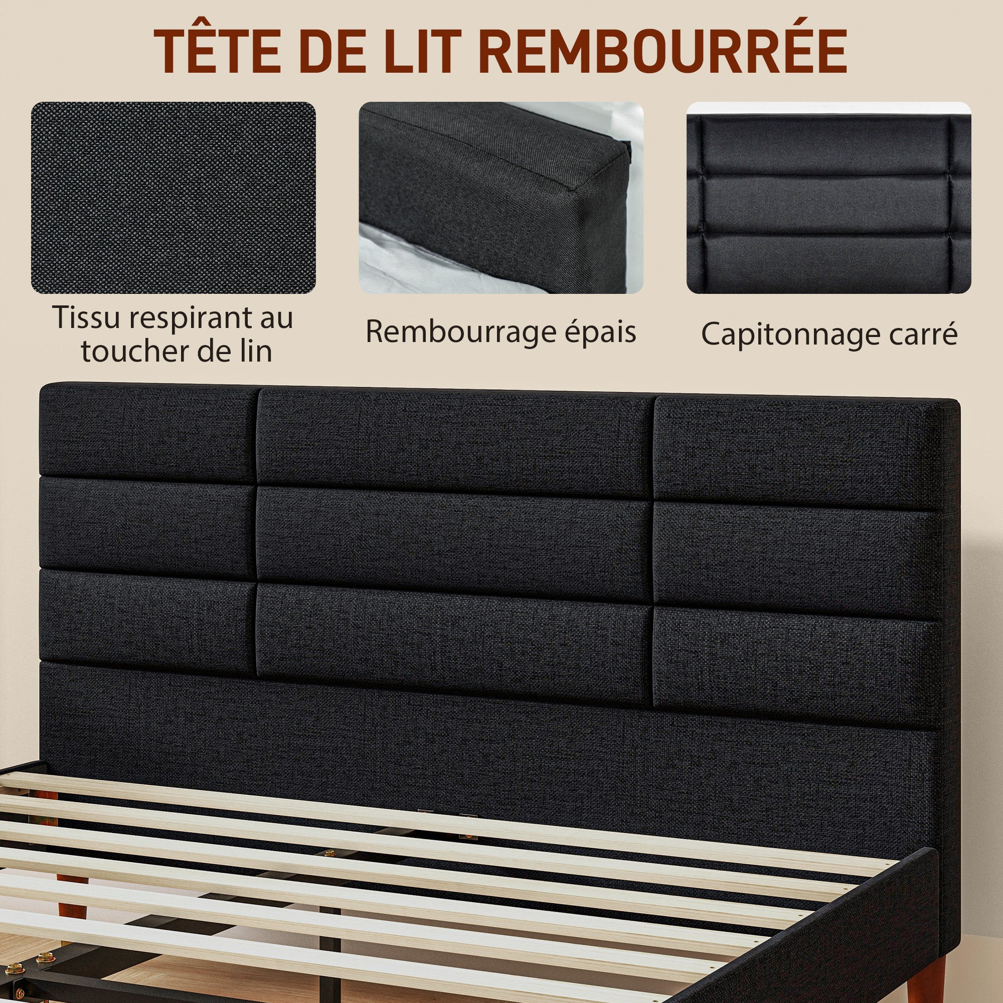 Cadre de lit Double 140 x 200 cm lit 2 Personnes - Hauteur 17 cm, sommier à Lattes et tête de lit capitonnée - en Bois et Tissu, Noir - Image 5