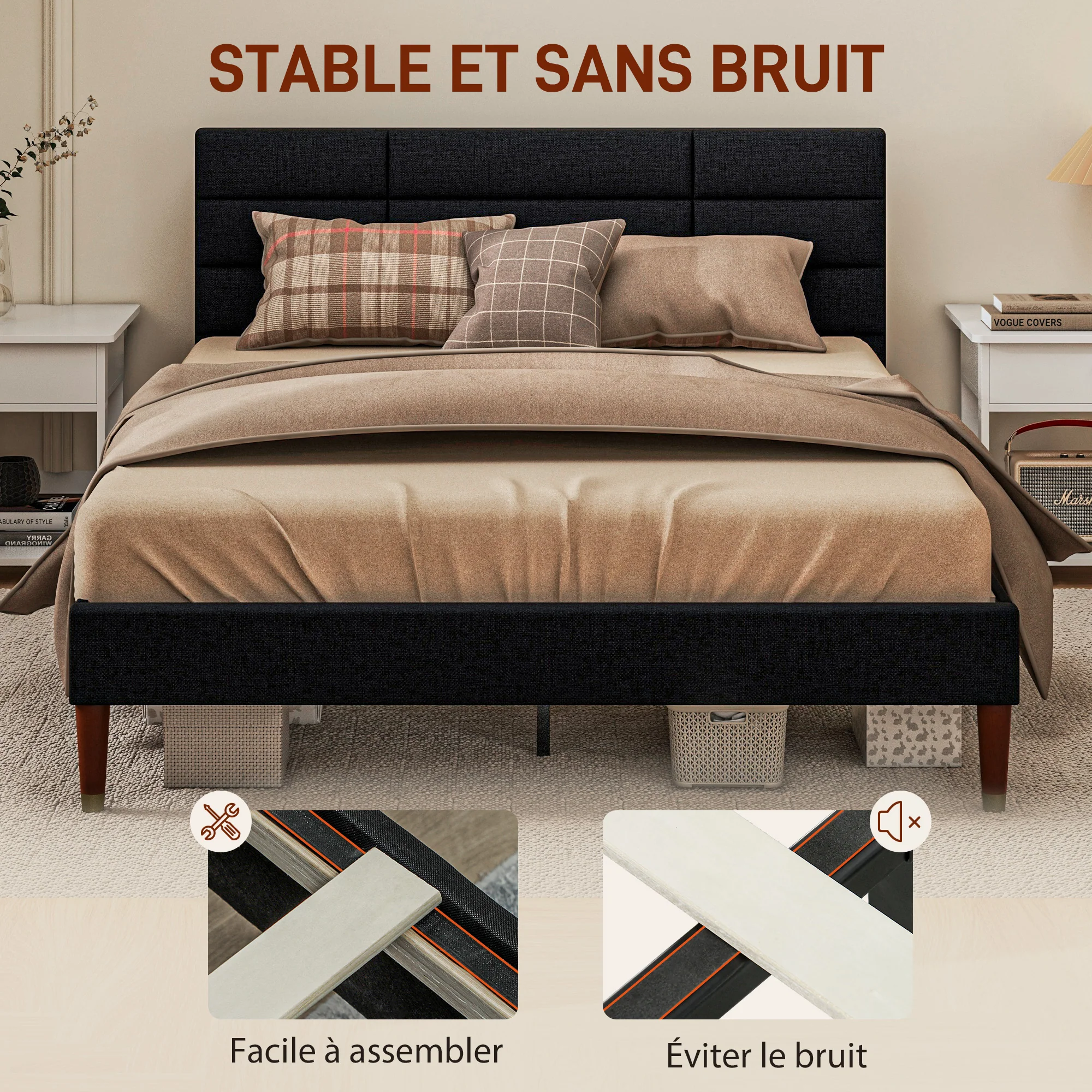 Cadre de lit Double 140 x 200 cm lit 2 Personnes - Hauteur 17 cm, sommier à Lattes et tête de lit capitonnée - en Bois et Tissu, Noir - Image 6