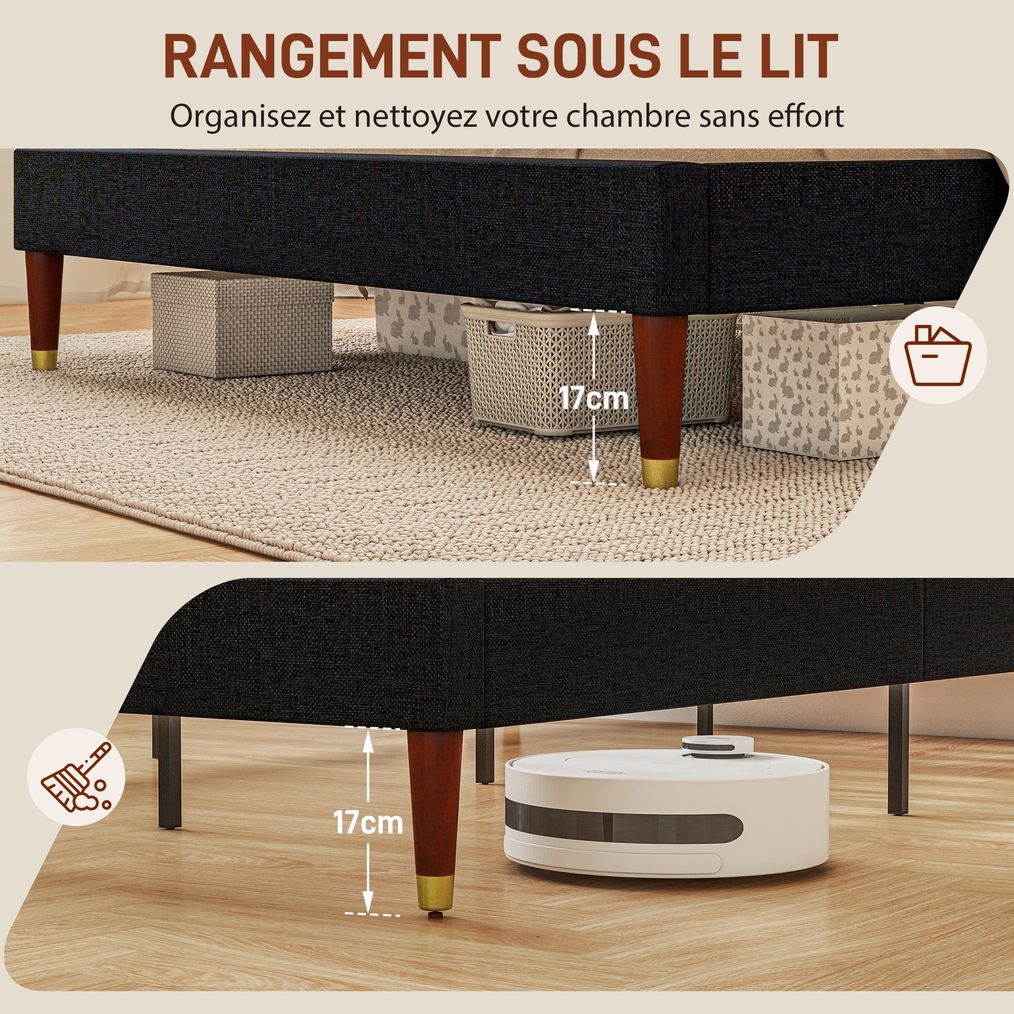 Cadre de lit Double 140 x 200 cm lit 2 Personnes - Hauteur 17 cm, sommier à Lattes et tête de lit capitonnée - en Bois et Tissu, Noir - Image 7