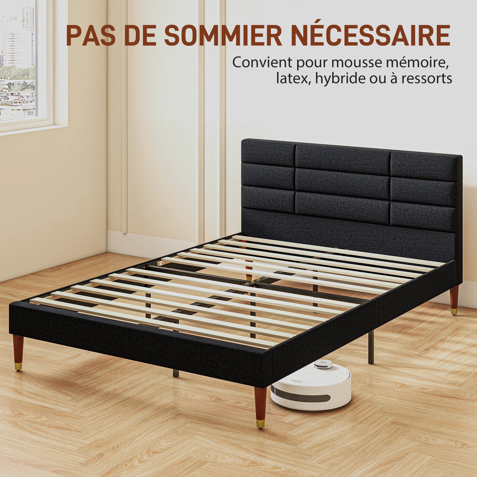 Cadre de lit Double 140 x 200 cm lit 2 Personnes - Hauteur 17 cm, sommier à Lattes et tête de lit capitonnée - en Bois et Tissu, Noir - Image 8