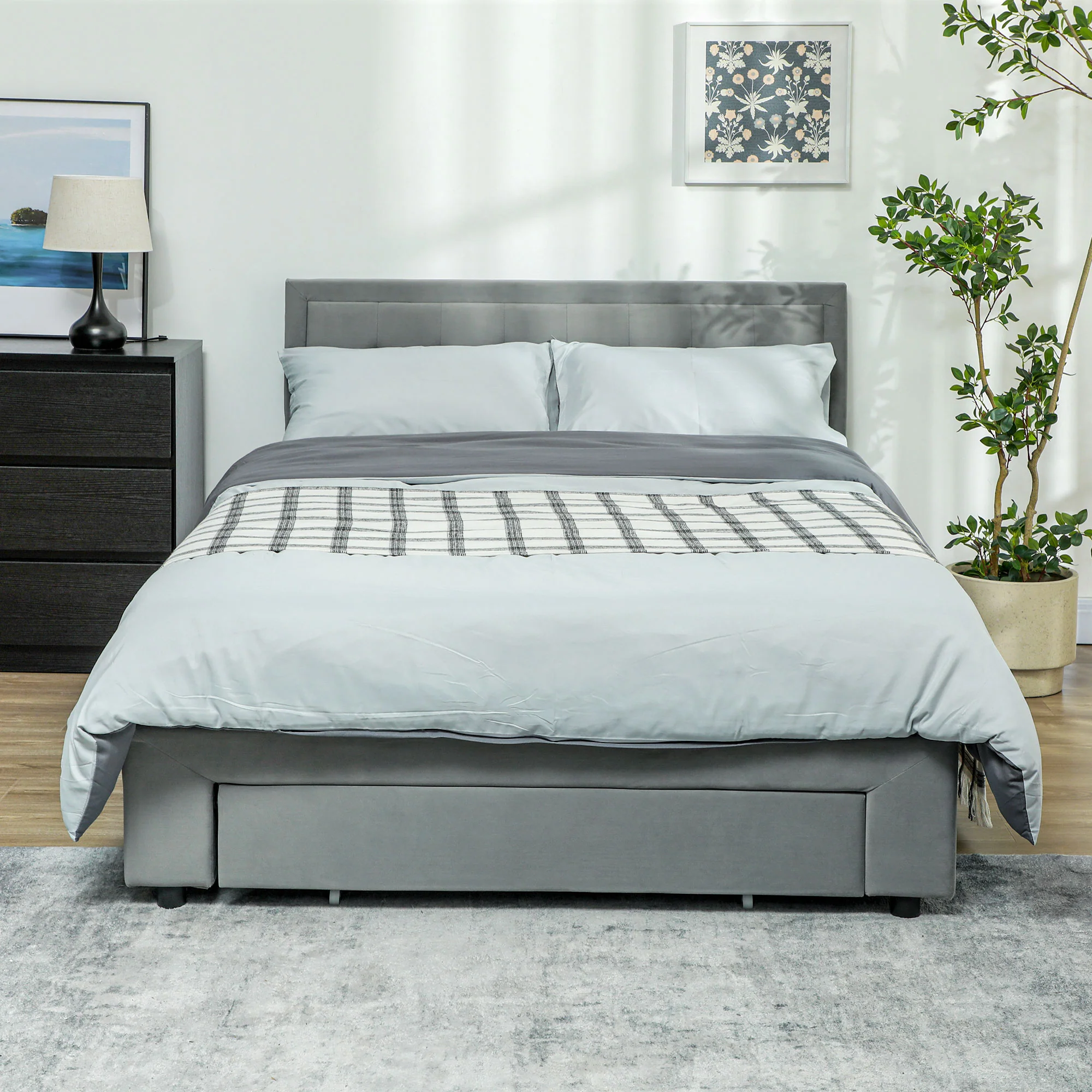 Cadre de lit double 140 x 200 cm pour 2 personnes - levage de gaz, espace de rangement, tiroir à roulettes, tête de lit réglable et sommier à lattes en bois, capitonnée effet velours, gris - Image 3