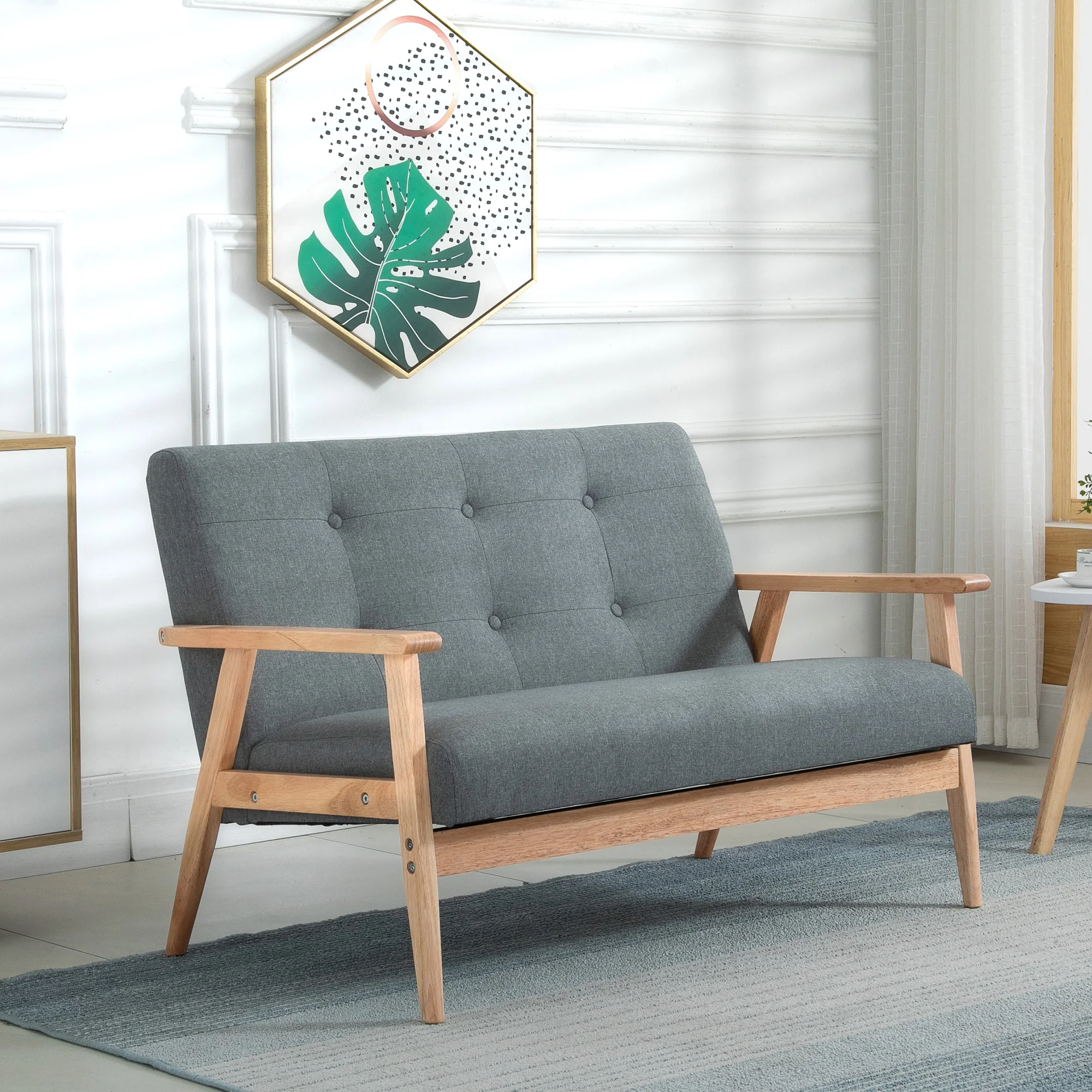 Canapé 2 places canapé en lin 115 cm style scandinave canapé de salon avec accoudoirs, pieds en bois, mini canapé chambre, appartement, petit espace, gris - Image 3