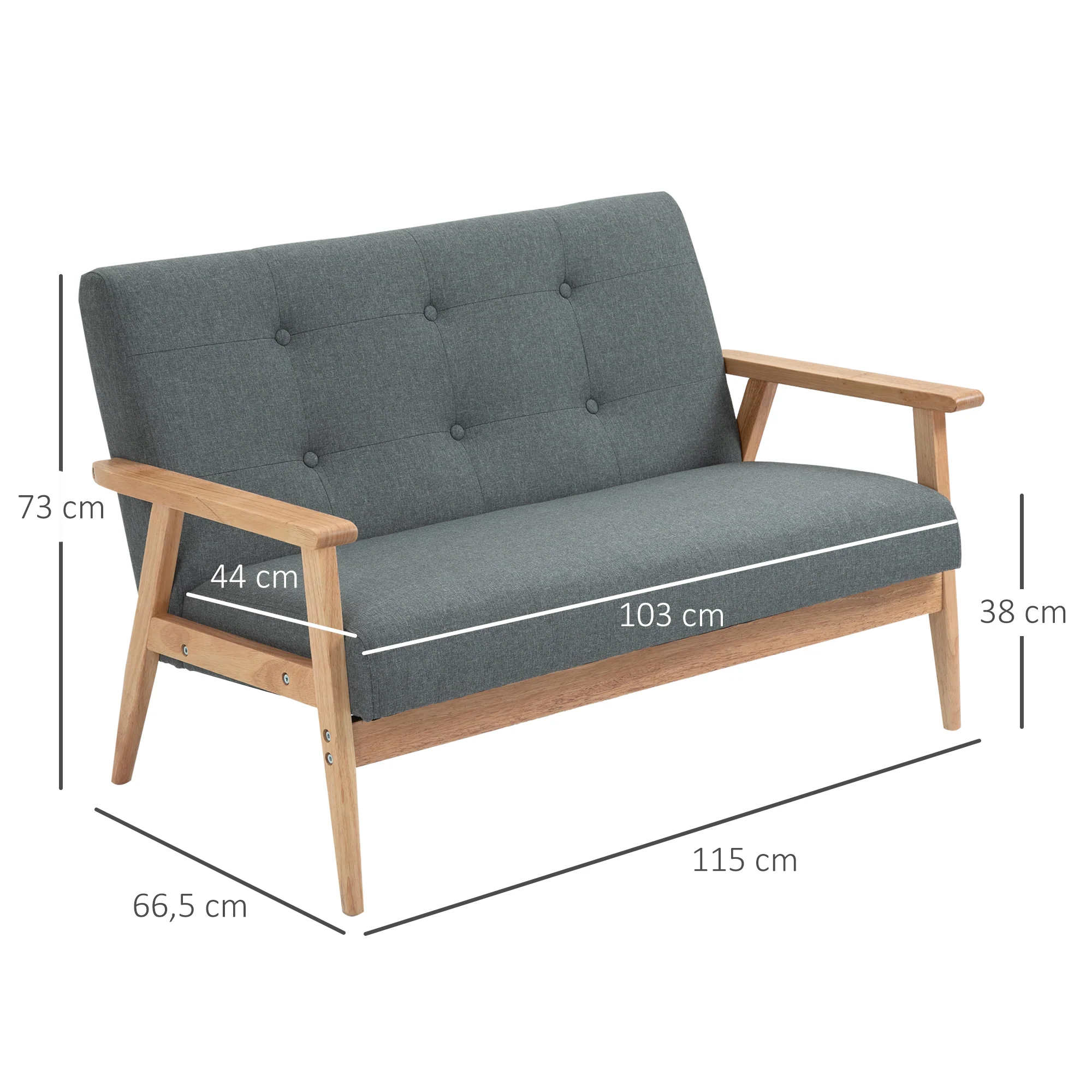 Canapé 2 places canapé en lin 115 cm style scandinave canapé de salon avec accoudoirs, pieds en bois, mini canapé chambre, appartement, petit espace, gris - Image 4