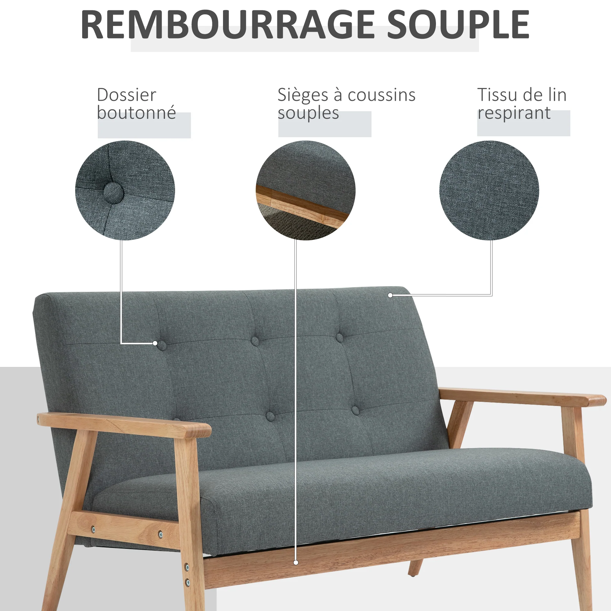 Canapé 2 places canapé en lin 115 cm style scandinave canapé de salon avec accoudoirs, pieds en bois, mini canapé chambre, appartement, petit espace, gris - Image 5
