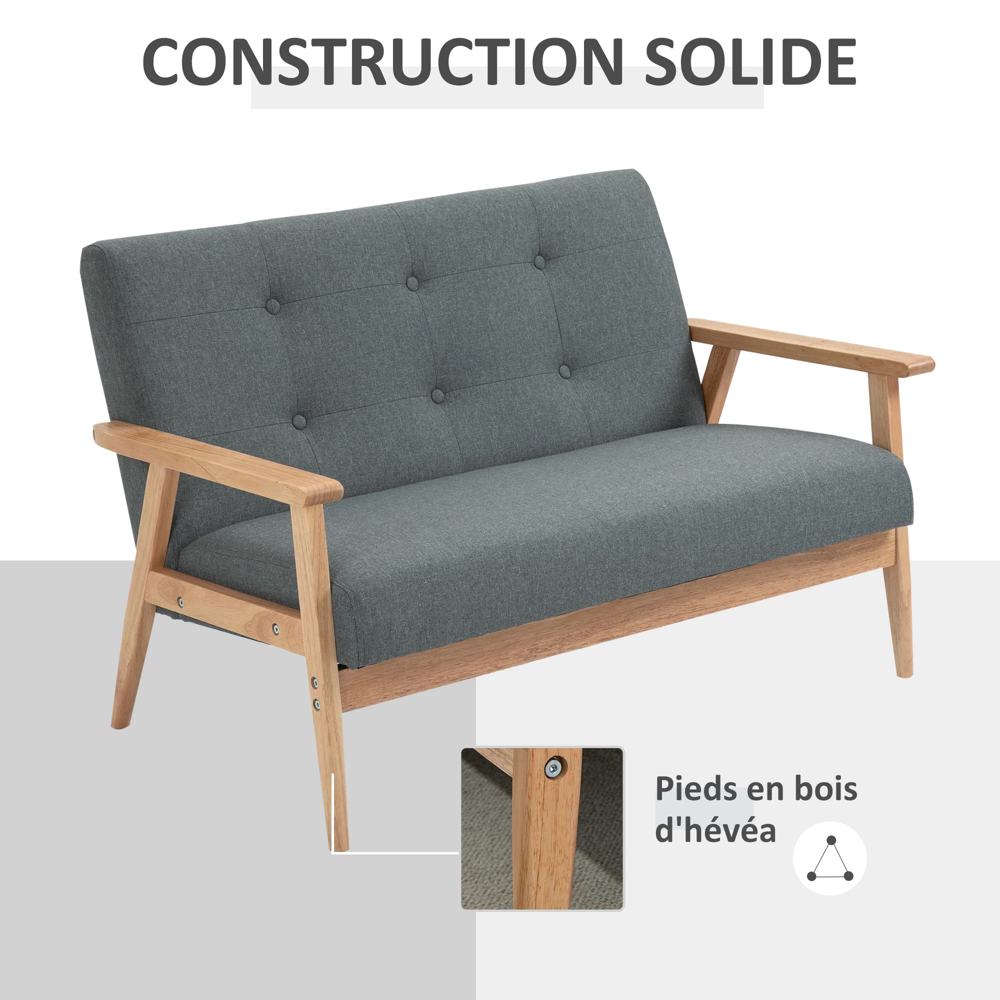 Canapé 2 places canapé en lin 115 cm style scandinave canapé de salon avec accoudoirs, pieds en bois, mini canapé chambre, appartement, petit espace, gris - Image 6