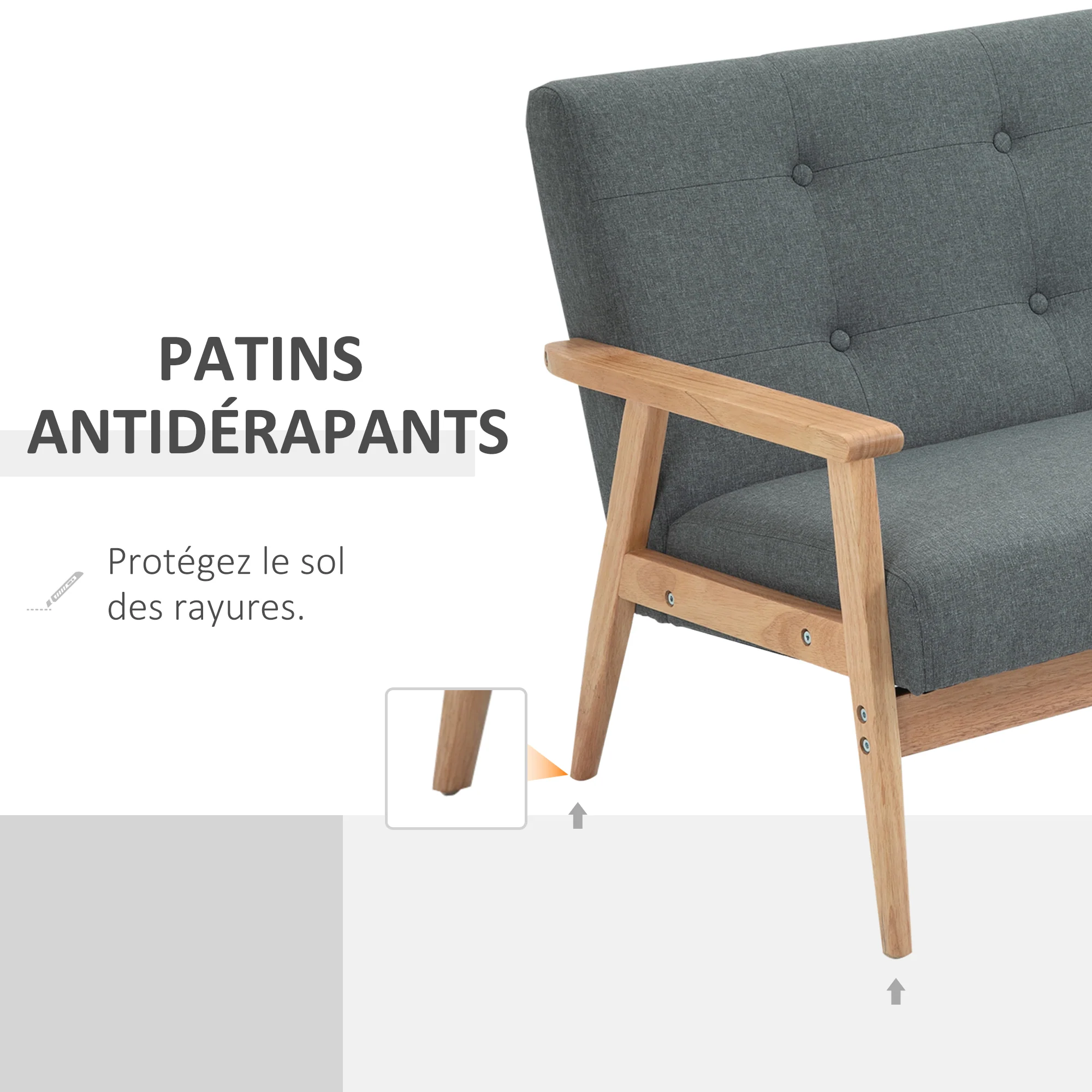 Canapé 2 places canapé en lin 115 cm style scandinave canapé de salon avec accoudoirs, pieds en bois, mini canapé chambre, appartement, petit espace, gris - Image 7